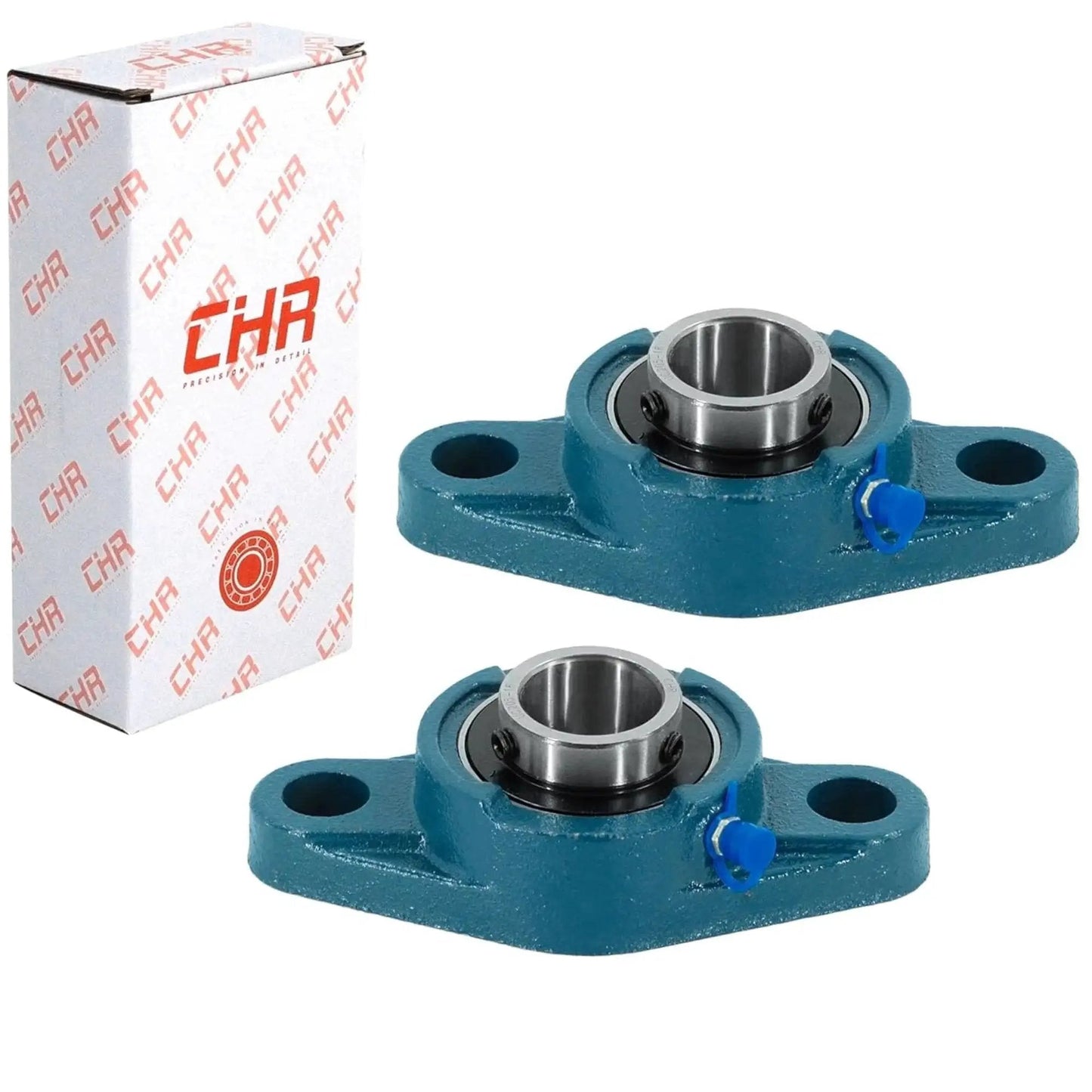 Flange Mounted Pillow Block Bearings UCFL205-16 Chrome Steel With 1 Inch Bore Pack Of 2, shown in blue cast iron housing, with box