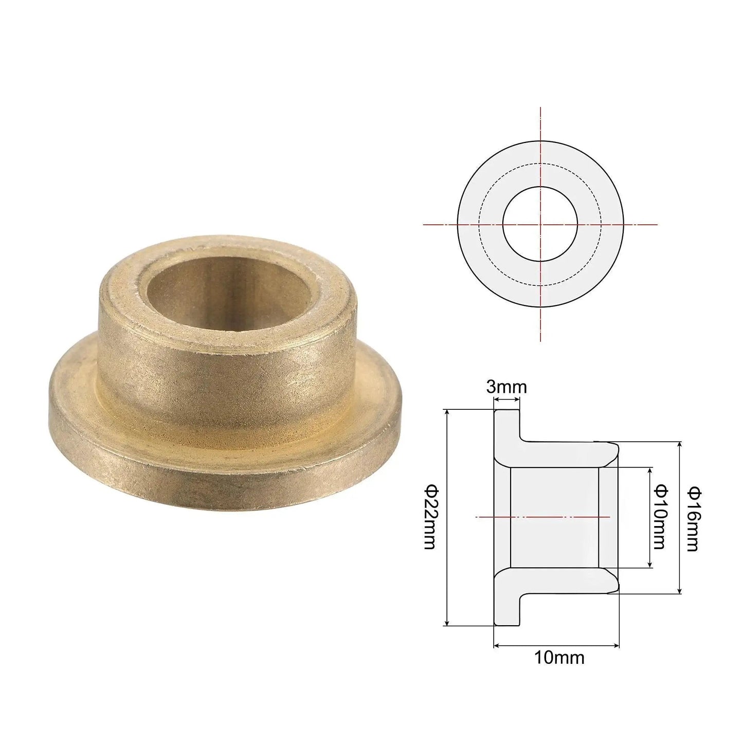 Flange Sleeve Bearing Set 10mm Bore 16mm Outer Diameter 10mm Length Flange Diameter 22mm Flange Thickness 3mm Sintered Bronze Self Lubricating Bushings Maintenance Free High Wear and Corrosion Resistance Suitable for Low Friction Applications Pack of 4 product image with dimensions and design diagram