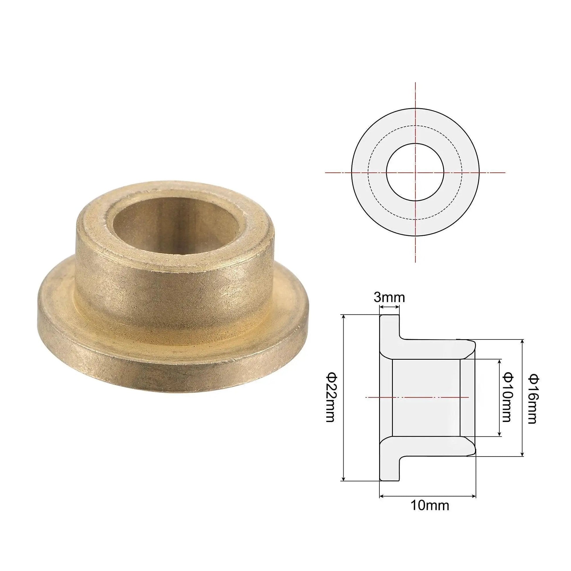 Flange Sleeve Bearing Set 10mm Bore 16mm Outer Diameter 10mm Length Flange Diameter 22mm Flange Thickness 3mm Sintered Bronze Self Lubricating Bushings Maintenance Free High Wear and Corrosion Resistance Suitable for Low Friction Applications Pack of 4 product image with dimensions and design diagram