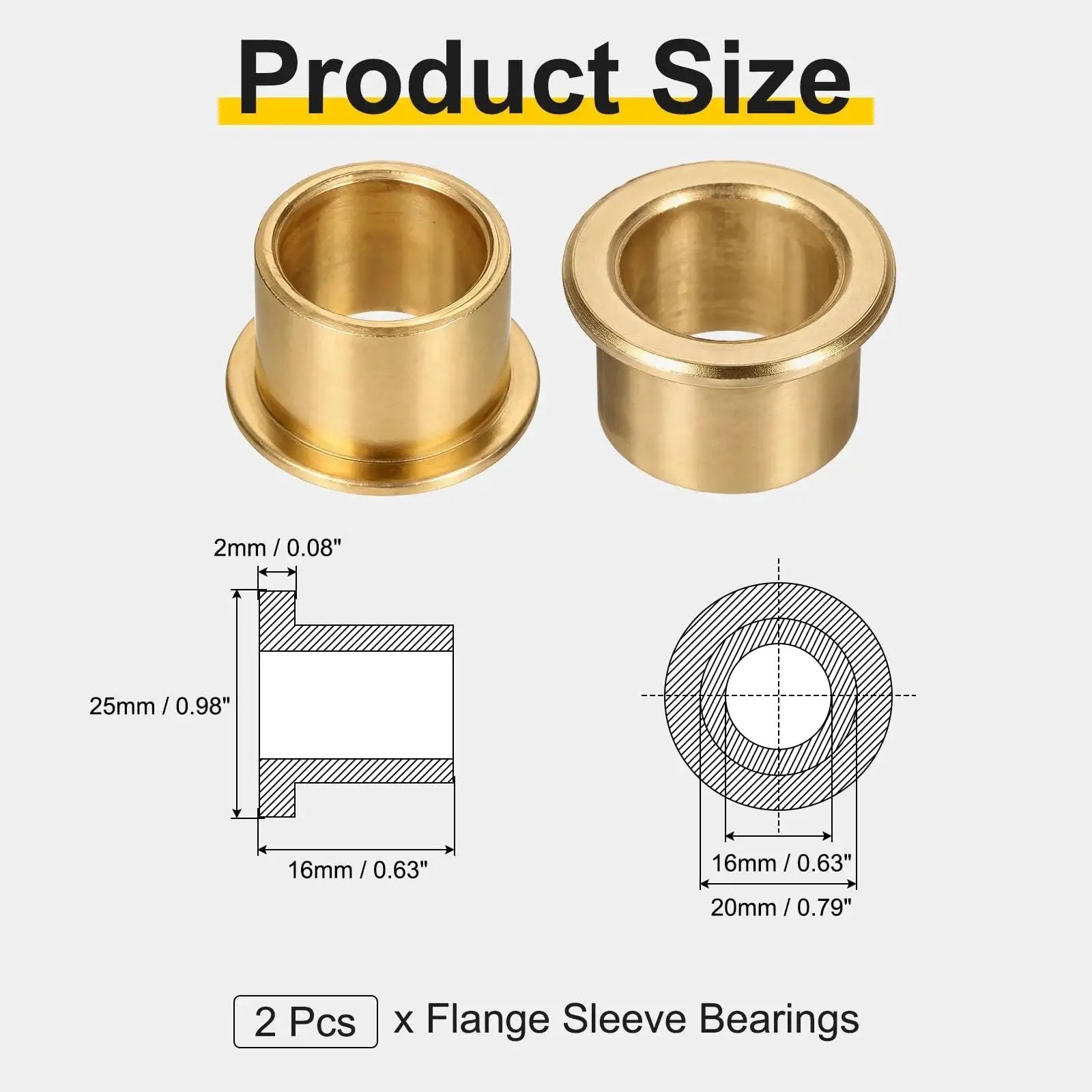 Flange Sleeve Bearing Set 2 Pack Self-Lubricating Sintered Bronze Bushings 16mm Bore 20mm Outer Diameter 16mm Length