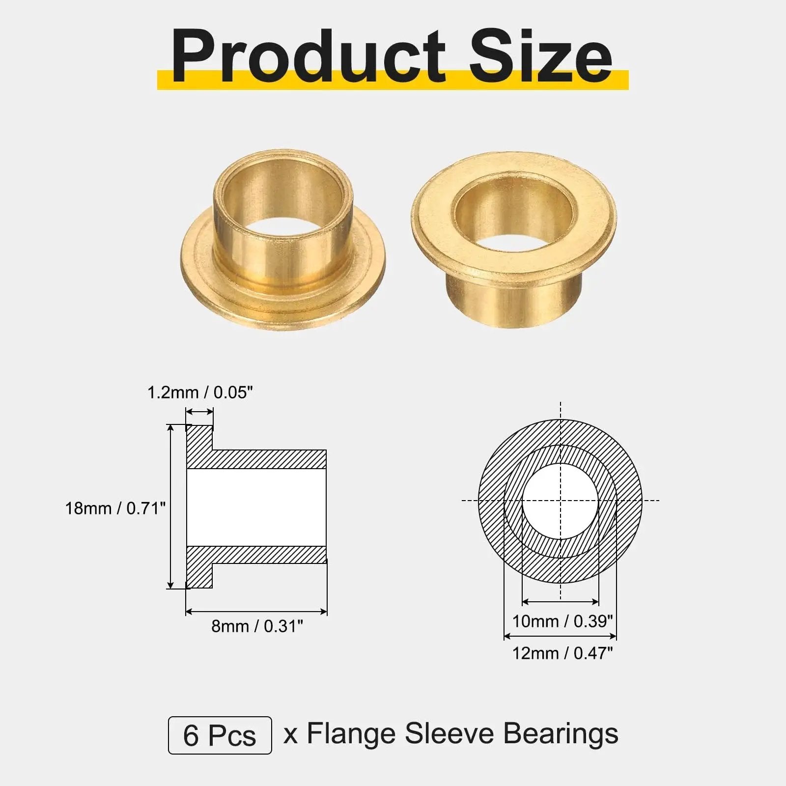 Flange Sleeve Bearings Set With 6 Pcs Self Lubricating Sintered Bronze Bushings, showing size dimensions, 10mm bore, 12mm OD