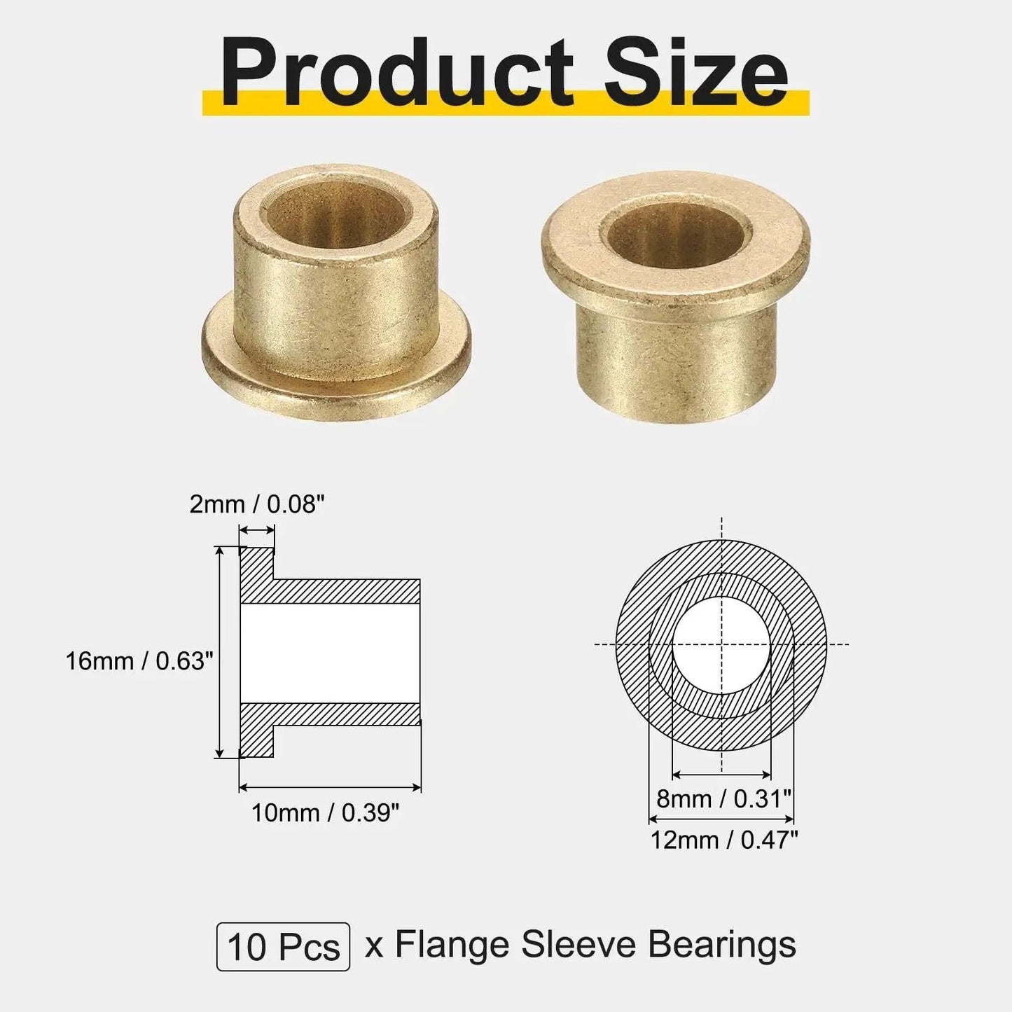 Flange Sleeve Bearings Set Of 10 With 8mm Bore 12mm Outer Diameter And 10mm Length 16mm Flange Diameter And 2mm Flange Thickness Self Lubricating Sintered Bronze Bushings