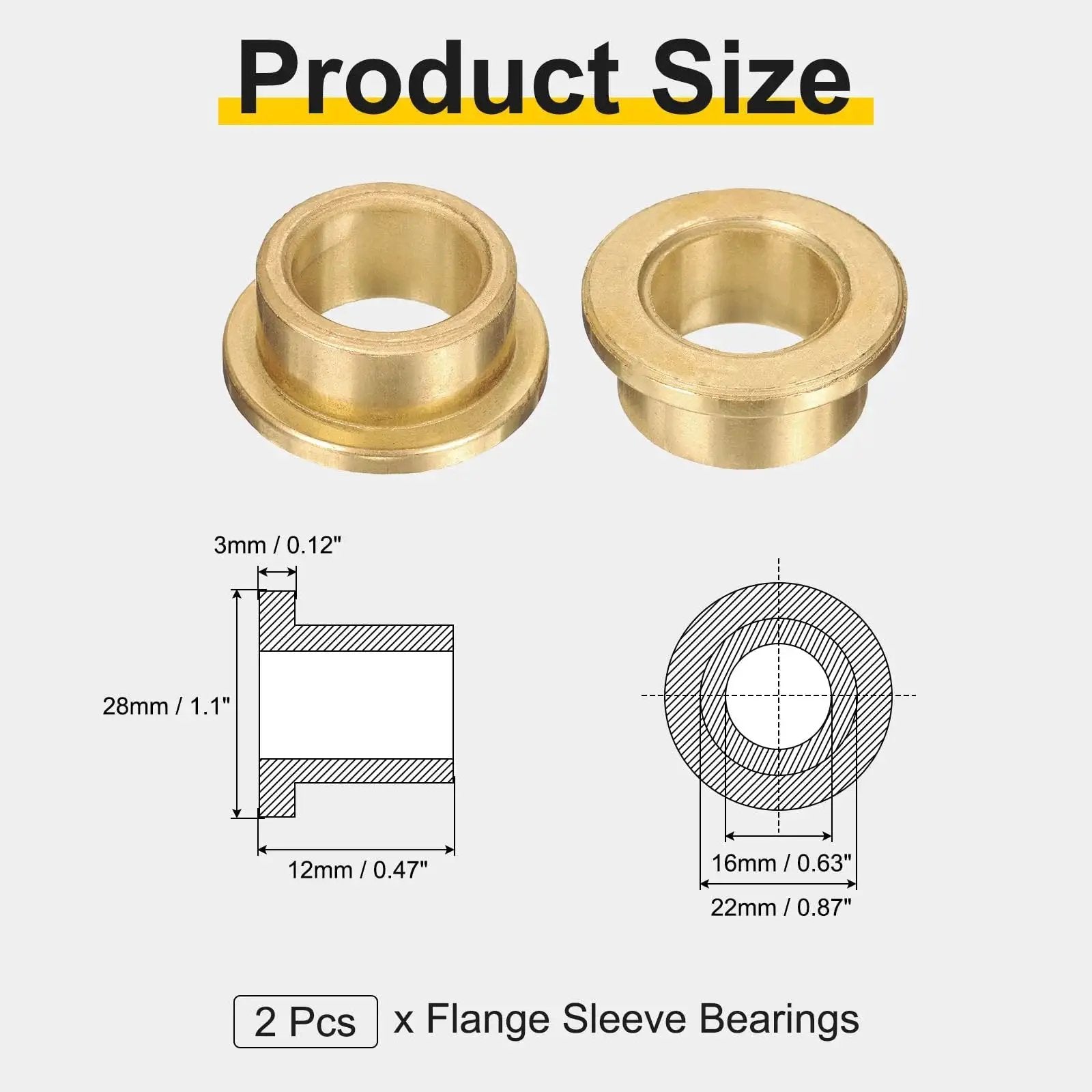 Two Pack Flange Sleeve Bearings 16mm Bore 22mm Outer Diameter 12mm Length Self Lubricating Sintered Bronze Bushings diagram