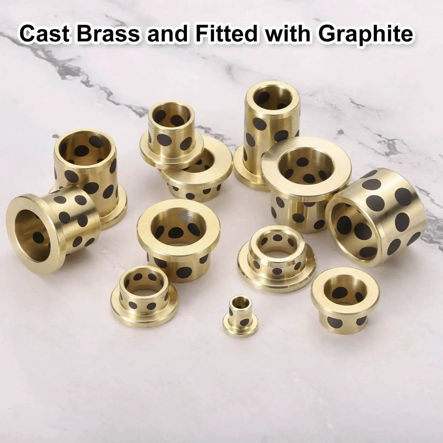 Flange Sleeve Bearings 12mm Bore 18mm OD 30mm Height Wrapped Oilless Brass Graphite Flange Bushings Set on Marble Surface