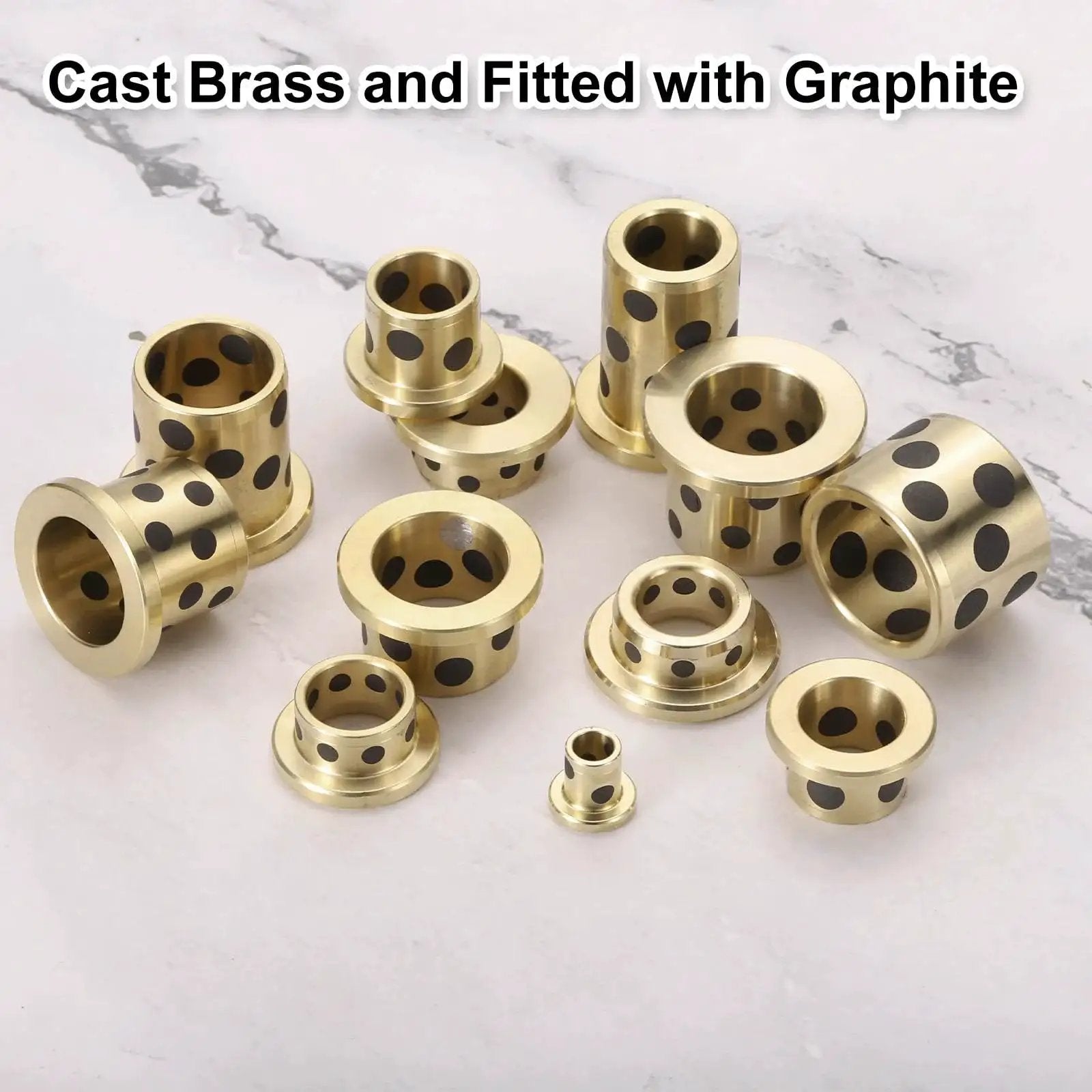 Flange Sleeve Bearings 12mm Bore 18mm OD 30mm Height Wrapped Oilless Brass Graphite Flange Bushings Set on Marble Surface