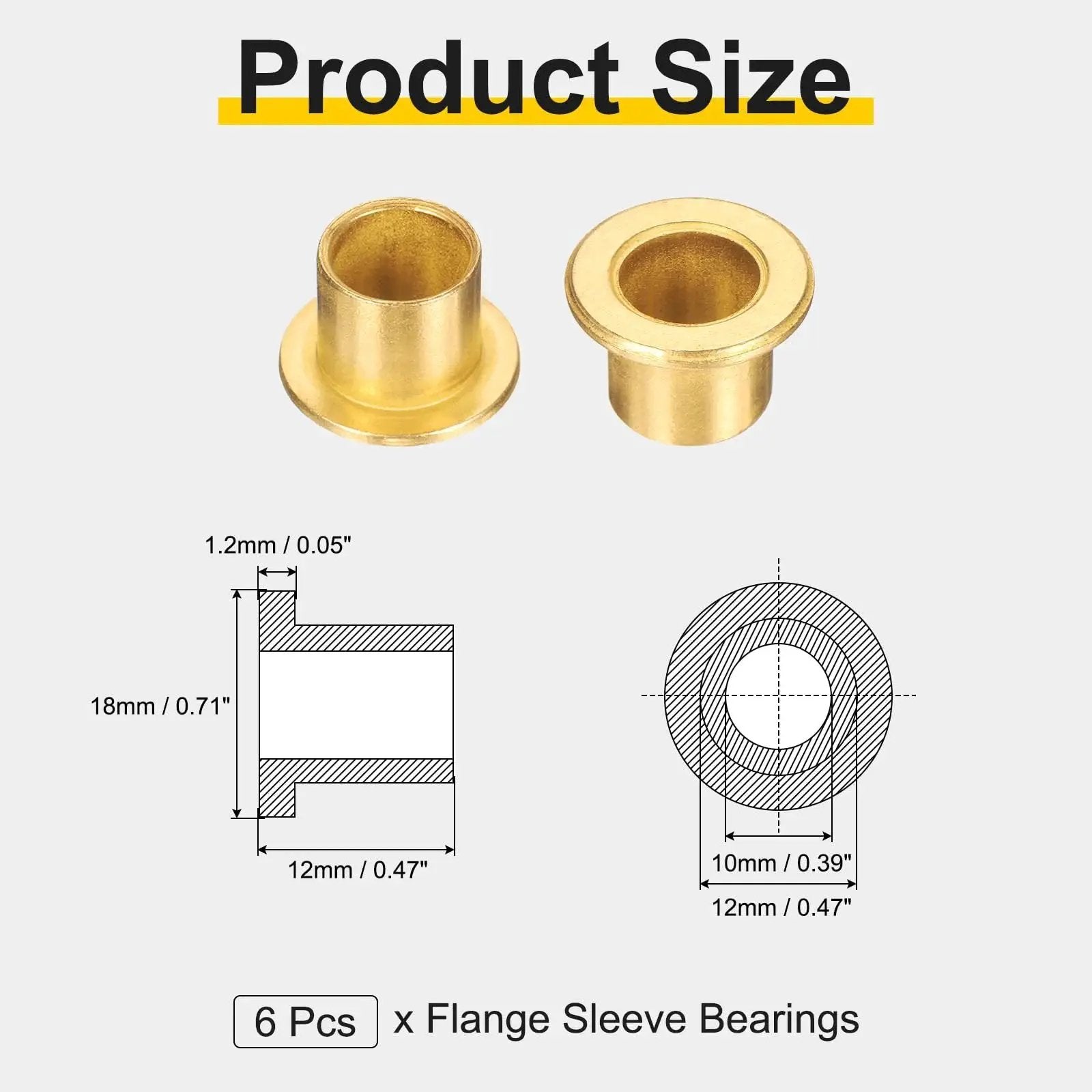 Diagram and front view of Six Piece Self Lubricating Flange Sleeve Bearings Set For 10mm Bore 12mm OD And 12mm Length In Sintered Bronze uxcell