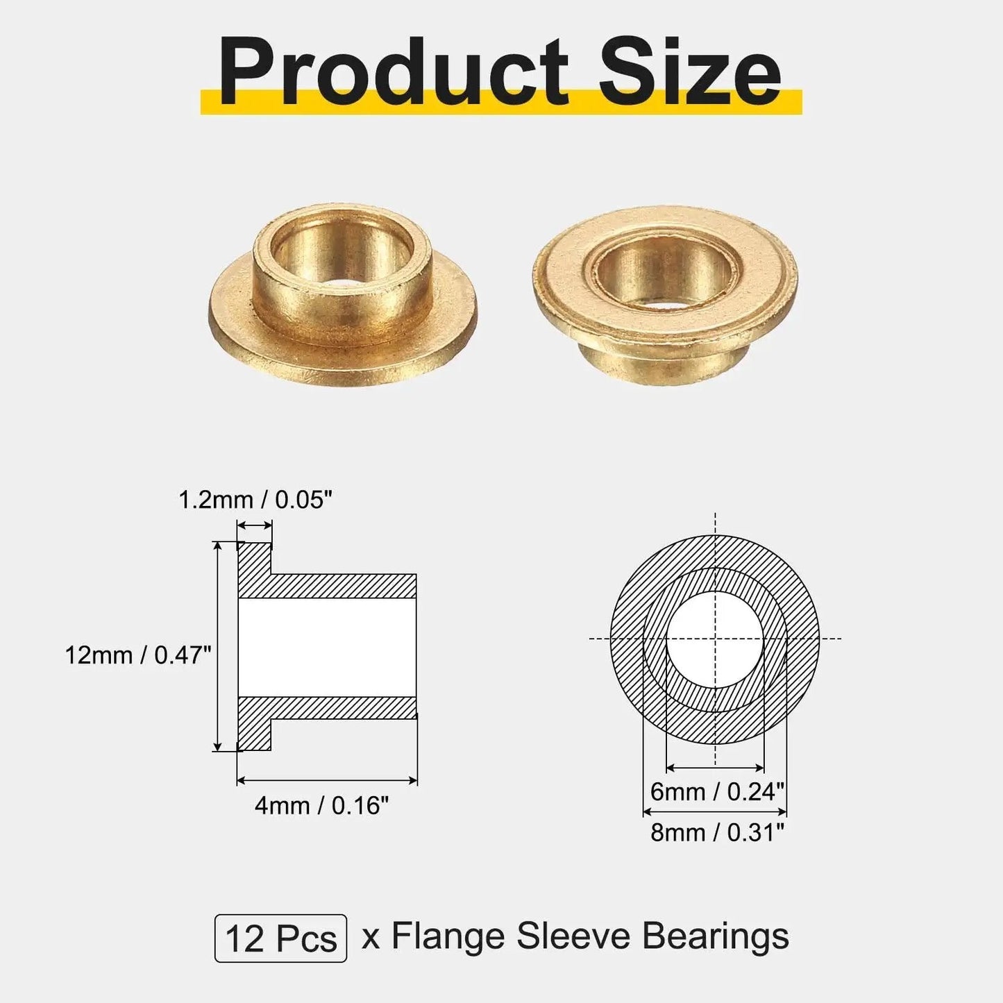 Diagram of 12 Pack Flange Sleeve Bearings 6mm Bore, 8mm Outer Diameter, 4mm Length, 12mm Flange Diameter, self lubricating sintered bronze.