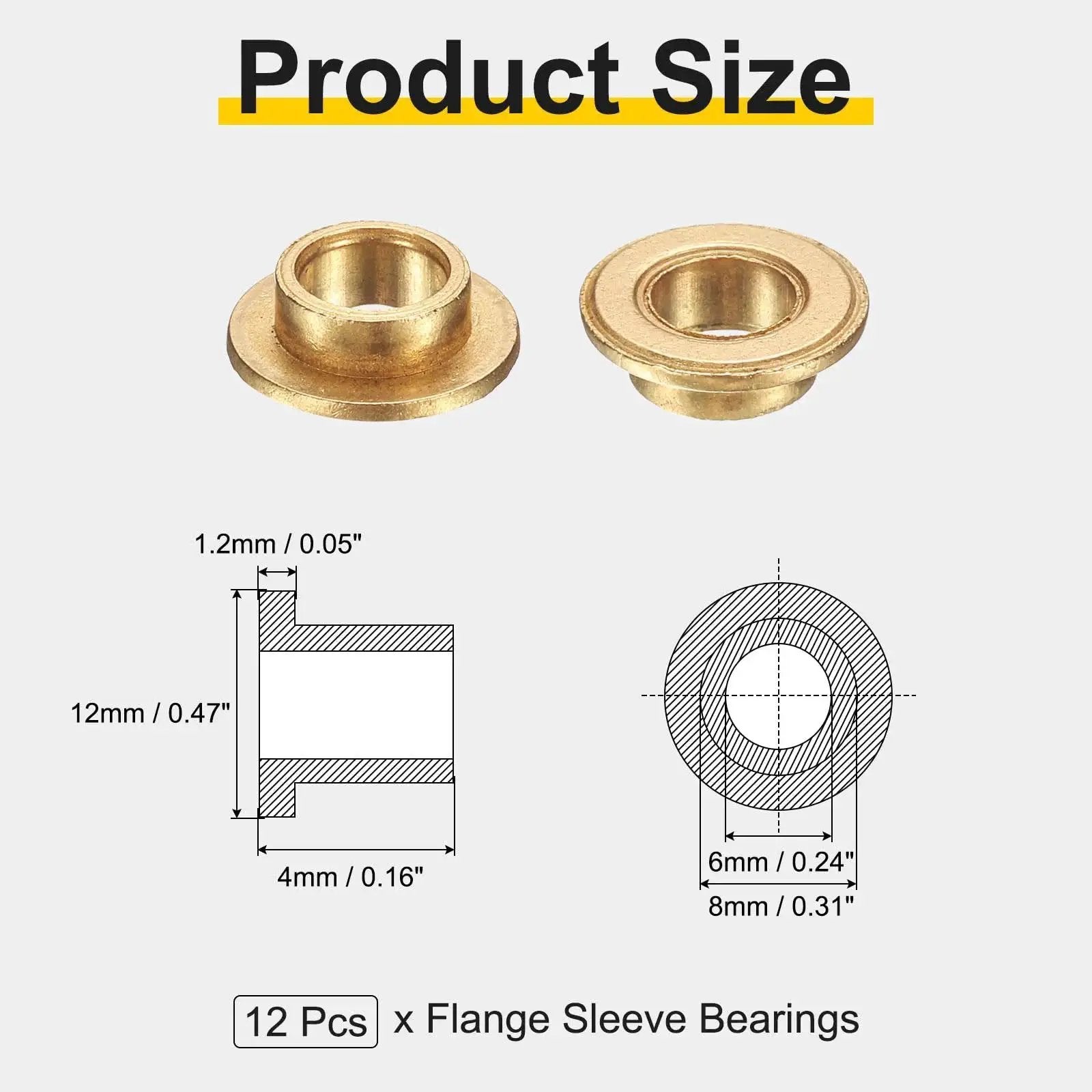Diagram of 12 Pack Flange Sleeve Bearings 6mm Bore, 8mm Outer Diameter, 4mm Length, 12mm Flange Diameter, self lubricating sintered bronze.