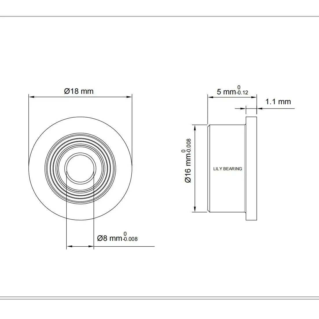 Technical drawing of Flanged Ball Bearing Set 10 Pack 8x16x5mm F688ZZ Heavy Duty Chrome Steel ABEC1 P0 Z2 Deep Groove with dimensions