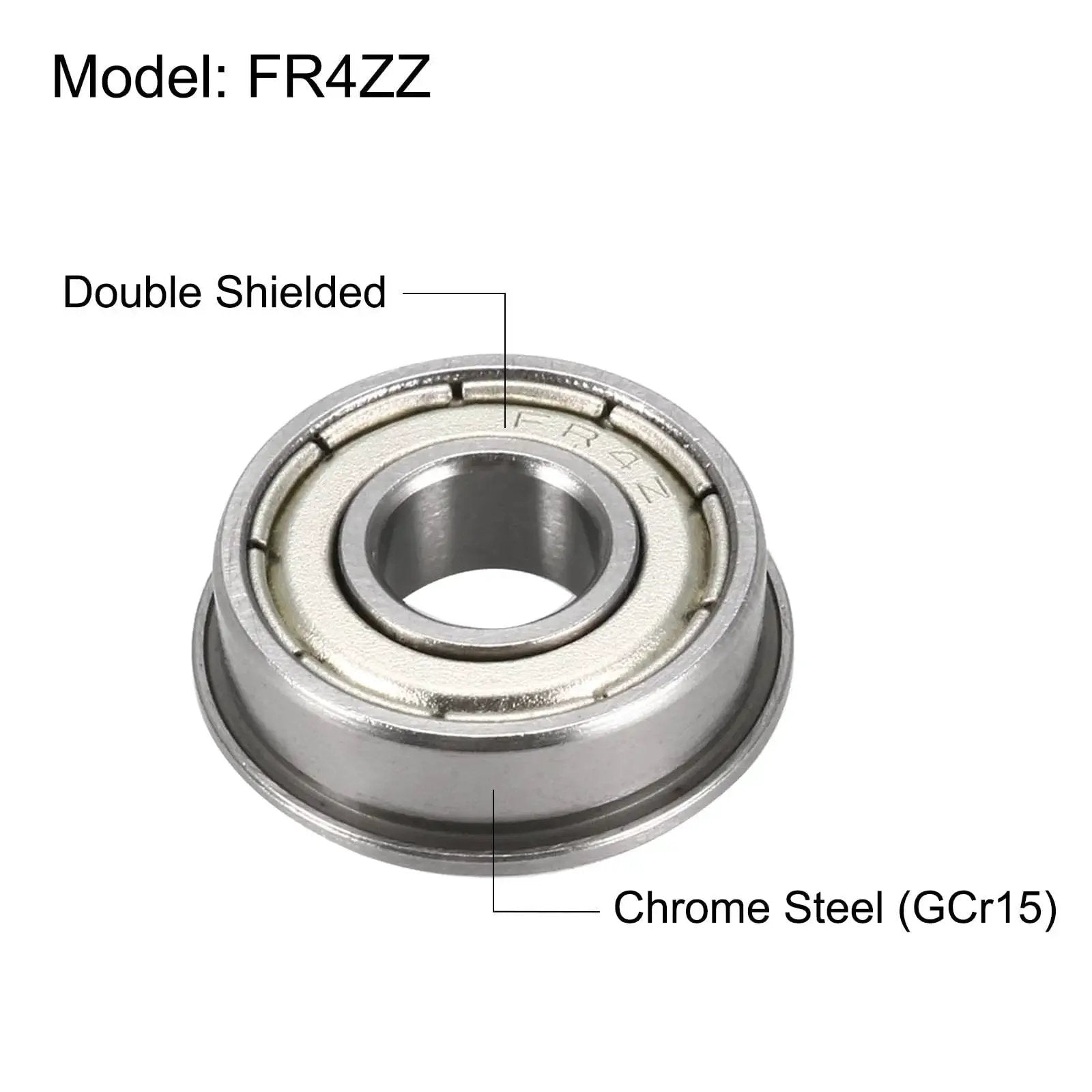 Single Flanged Ball Bearing FR4ZZ, double shielded chrome steel, showing model details, ideal for CNC and robotics use.