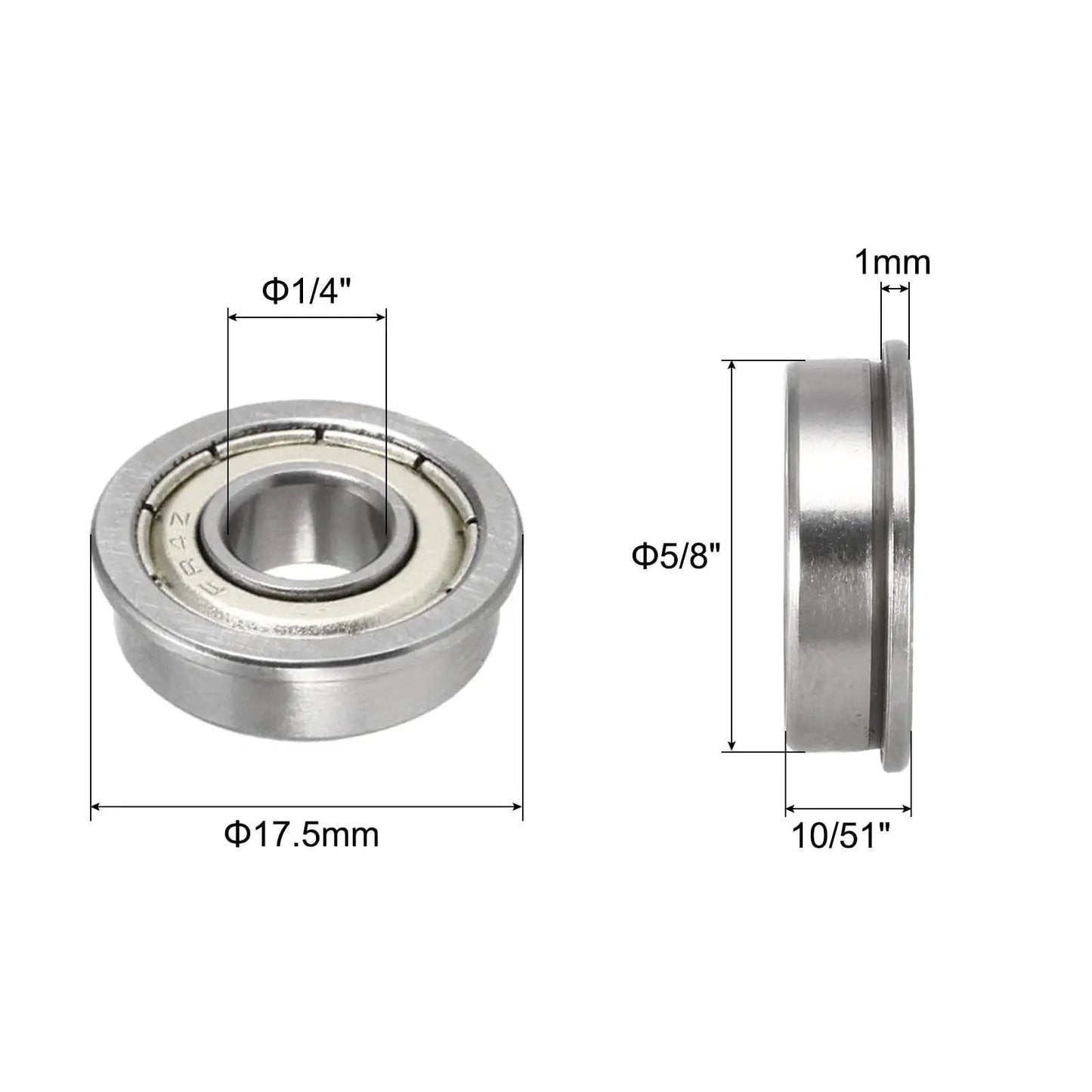Flanged Ball Bearing 1 Quarter By 5 Eighth By 0.196 Inch Double Shielded Chrome Steel FR4ZZ, side and front view with dimensions