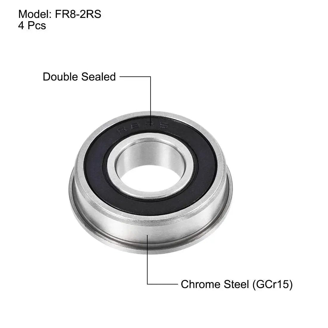Flanged Ball Bearing FR8-2RS 1/2 x 1-1/8 x 5/16 In Double Sealed Chrome Steel ABEC-3 Bearing showing seals and material.