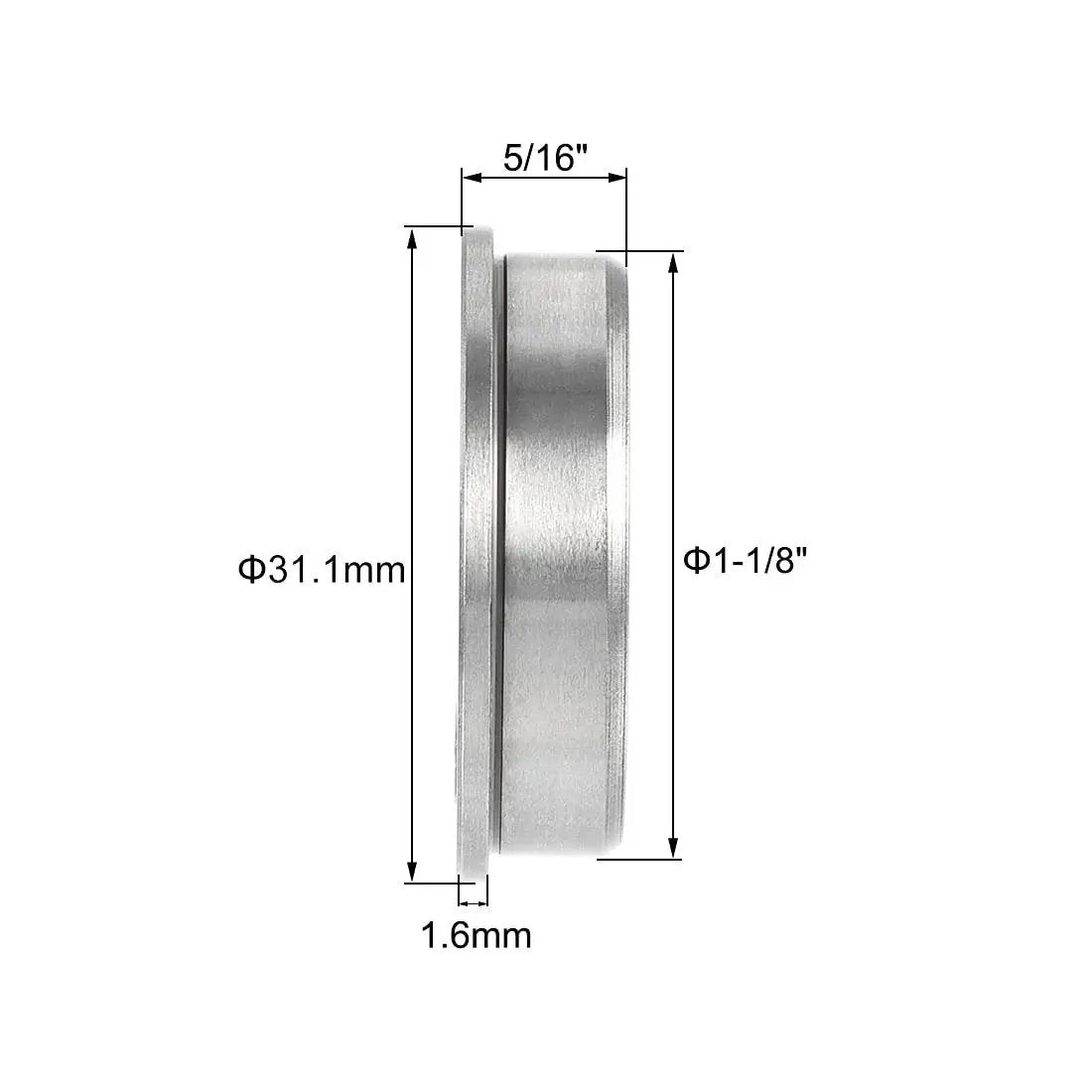 Side view of Flanged Ball Bearing FR8-2RS 1/2 x 1-1/8 x 5/16 In Double Sealed Chrome Steel ABEC-3 with dimensions shown