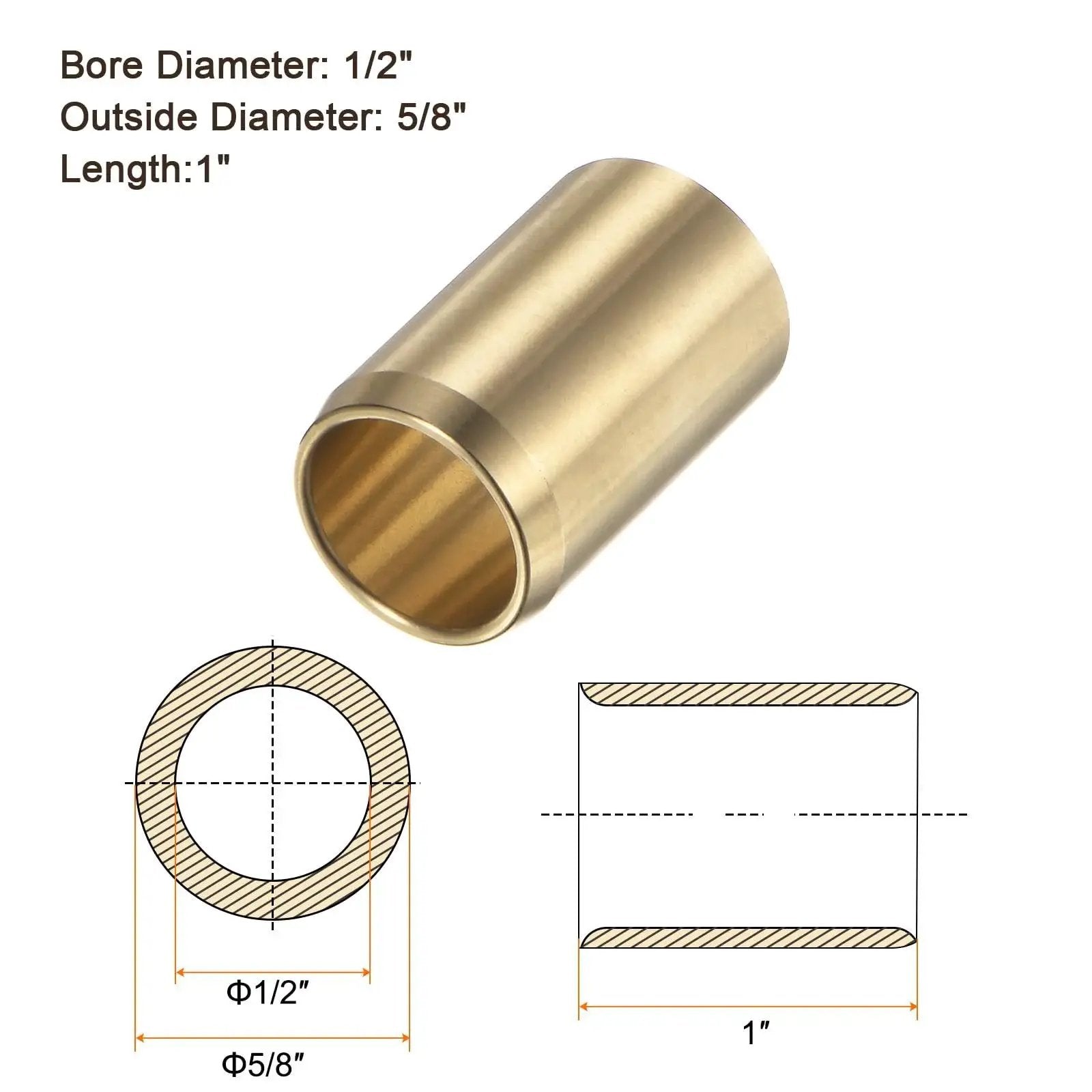 Flanged Sleeve Bearing One Half Inch By Five Eighths Inch By One Inch Brass Alloy Oilless Bushing with dimensions and diagrams