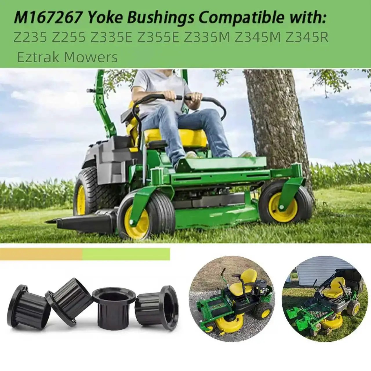 Replacement Flanged Caster Yoke Spindle Bushing M167267 for Lawn Tractors Eztrak Mowers with Z-series compatibility, shown on mower.