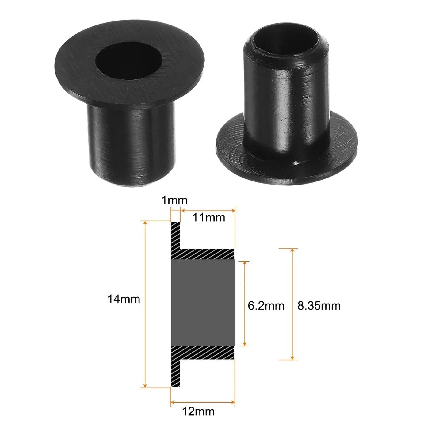 Flanged Nylon Sleeve Bearings Set Of 4 With 6.2mm Bore 8.35mm Outer Diameter 12mm Length 14mm Flange Diameter 1mm Flange Thickness