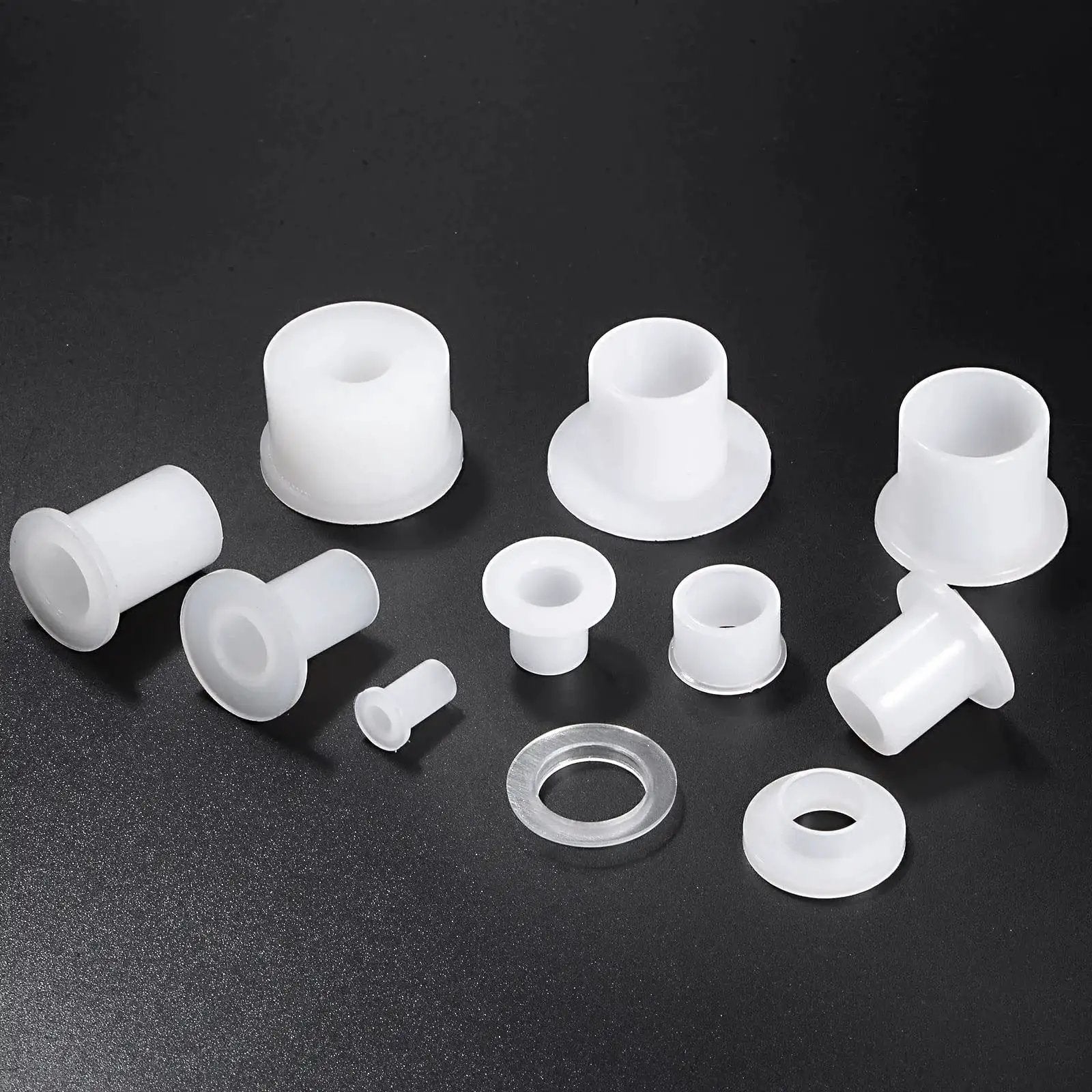 Flanged Nylon Sleeve Bearings Set Of 4 With 6.2mm Bore 8.35mm Outer Diameter 12mm Length 14mm Flange Diameter shown unassembled