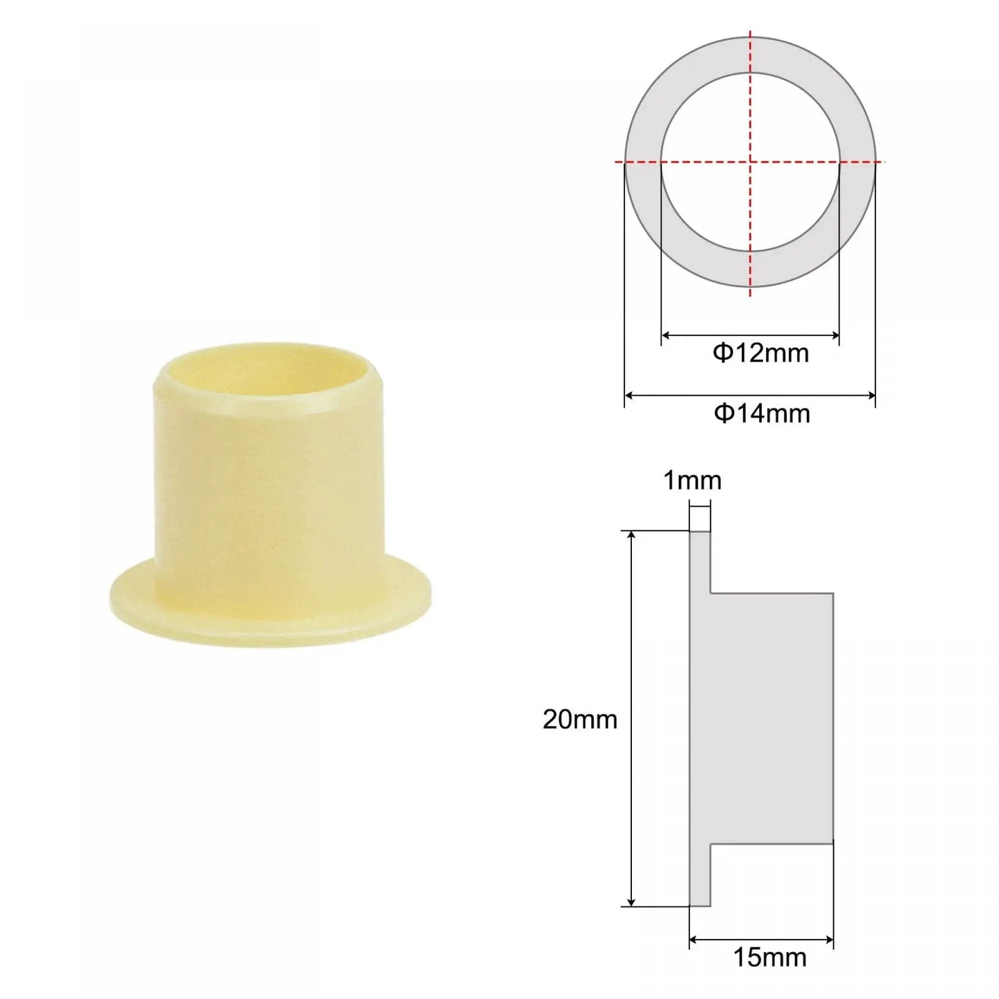 Flanged Sleeve Bearing Set 12mm Bore 14mm OD 15mm Length POM Self Lubricating Oilless Wrapped Bushings Yellow Four Piece Pack