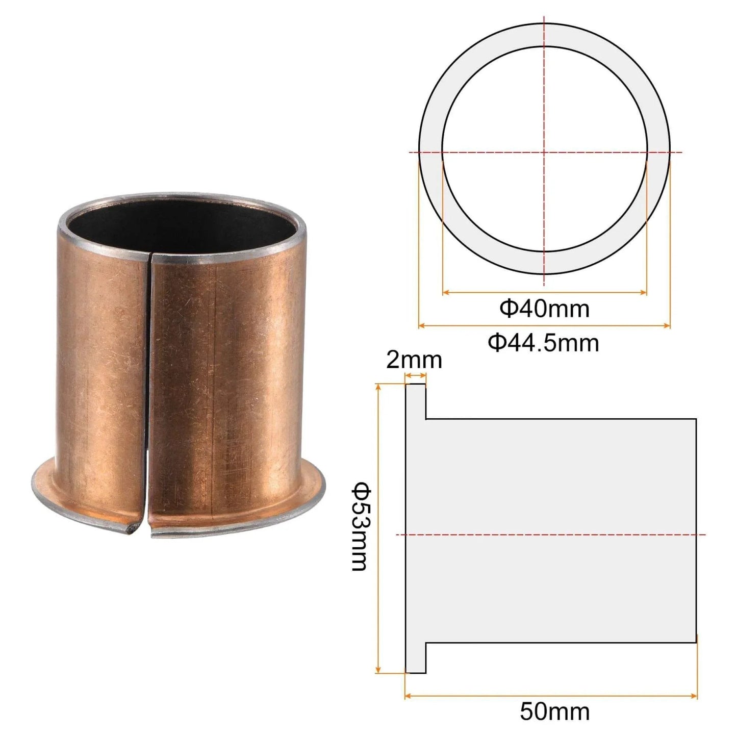 Flanged Sleeve Bearing 40mm Bore 44.5mm Outer Diameter 50mm Length 53mm Flange Diameter 2mm Flange Thickness Oilless Bronze