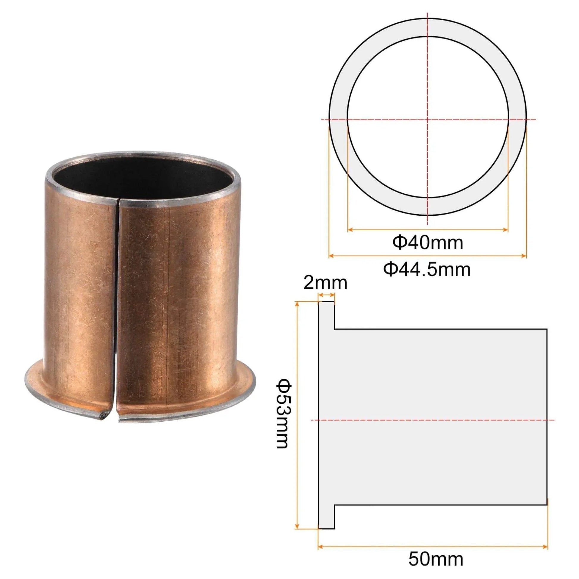 Flanged Sleeve Bearing 40mm Bore 44.5mm Outer Diameter 50mm Length 53mm Flange Diameter 2mm Flange Thickness Oilless Bronze
