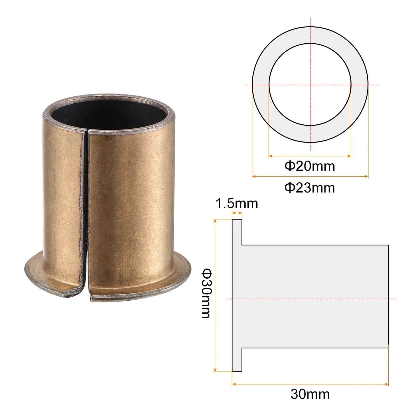 Flanged Sleeve Bearing 20mm Bore 23mm OD 30mm Length 30mm Flange Diameter One Point Five Millimeter Flange Thickness diagram
