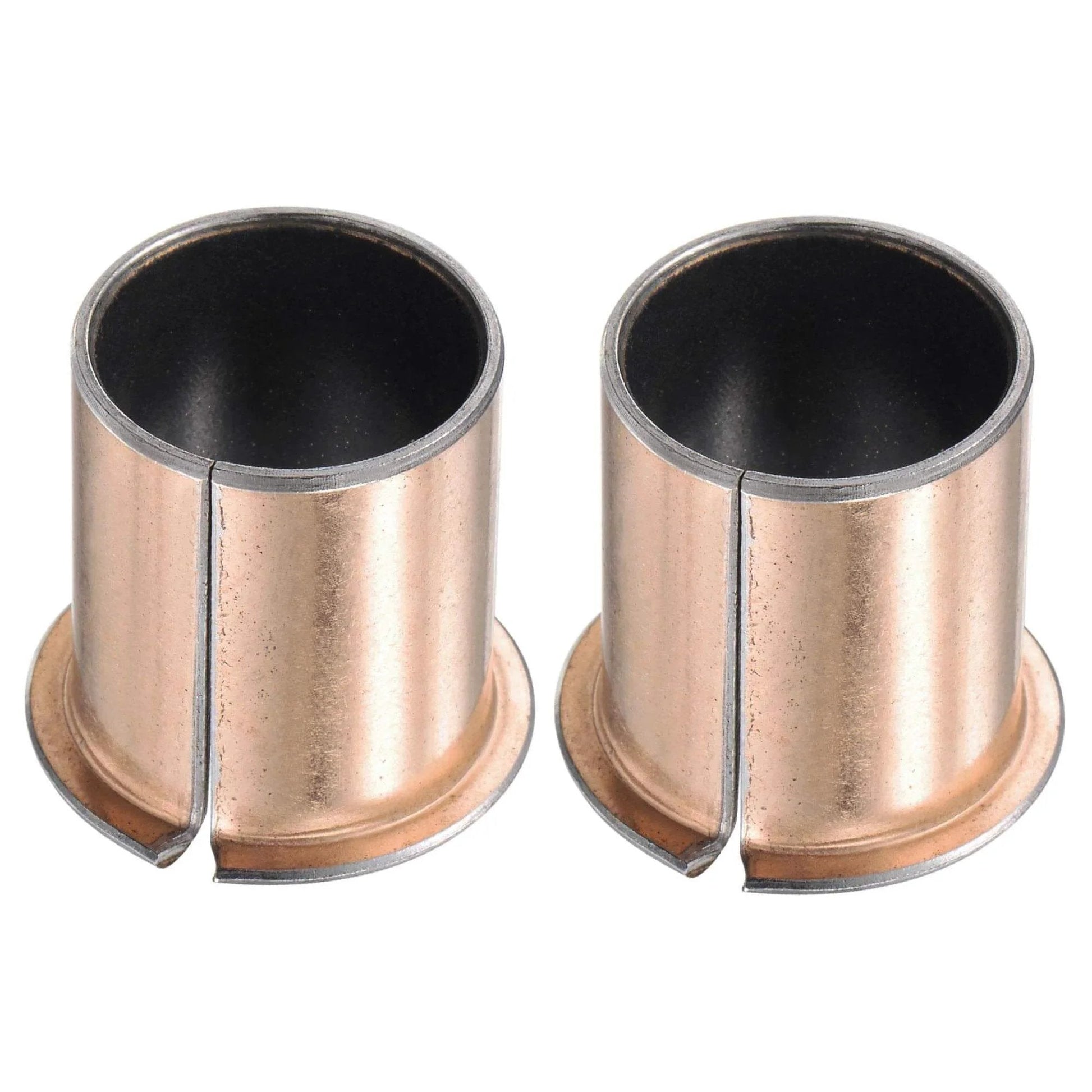 Pair of flanged sleeve bearings 30mm bore, 34mm outside diameter, bronze sintered coated, carbon steel base, low friction.