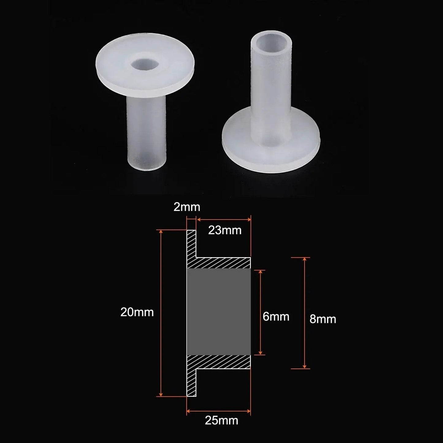 Flanged Sleeve Bearings 6mm Bore 8mm OD 25mm Length Pack Of 4 Nylon Bushings with diagram of dimensions and flange details