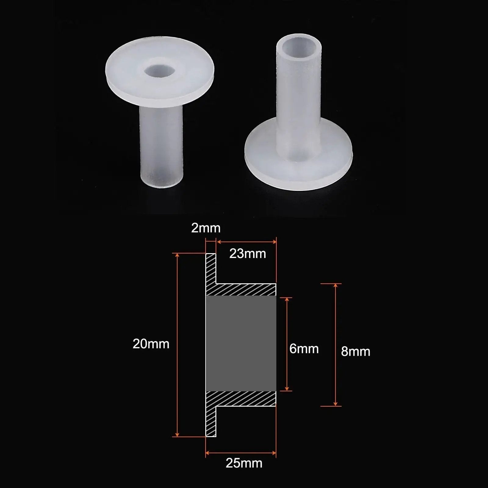 Flanged Sleeve Bearings 6mm Bore 8mm OD 25mm Length Pack Of 4 Nylon Bushings with diagram of dimensions and flange details