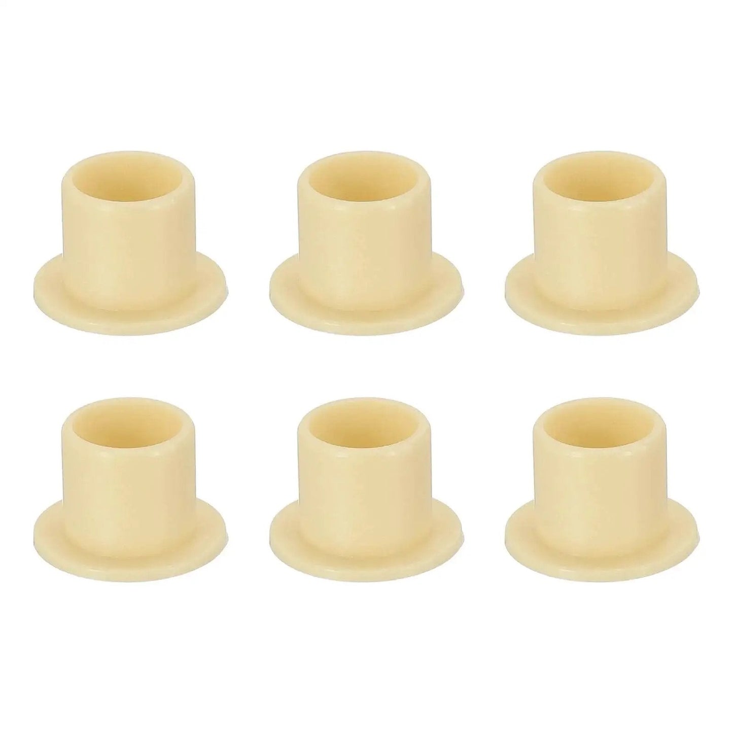Six Pcs Flanged Sleeve Bearings 8 mm Inner Diameter 10 mm Outer Diameter 10 mm Length POM Plastic Bushing Yellow with 15 mm Flange Diameter 1 mm Thick Ideal for Mechanical Assemblies and DIY Projects displayed
