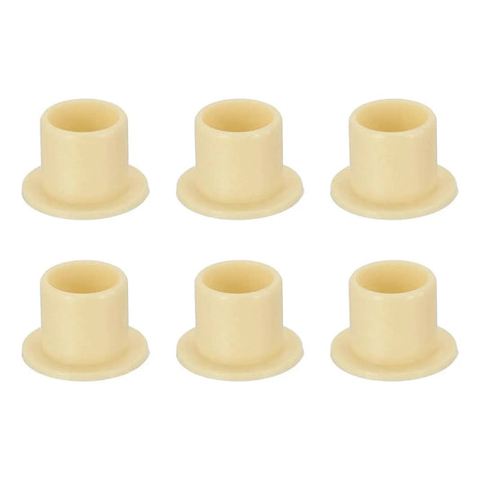 Six Pcs Flanged Sleeve Bearings 8 mm Inner Diameter 10 mm Outer Diameter 10 mm Length POM Plastic Bushing Yellow with 15 mm Flange Diameter 1 mm Thick Ideal for Mechanical Assemblies and DIY Projects displayed