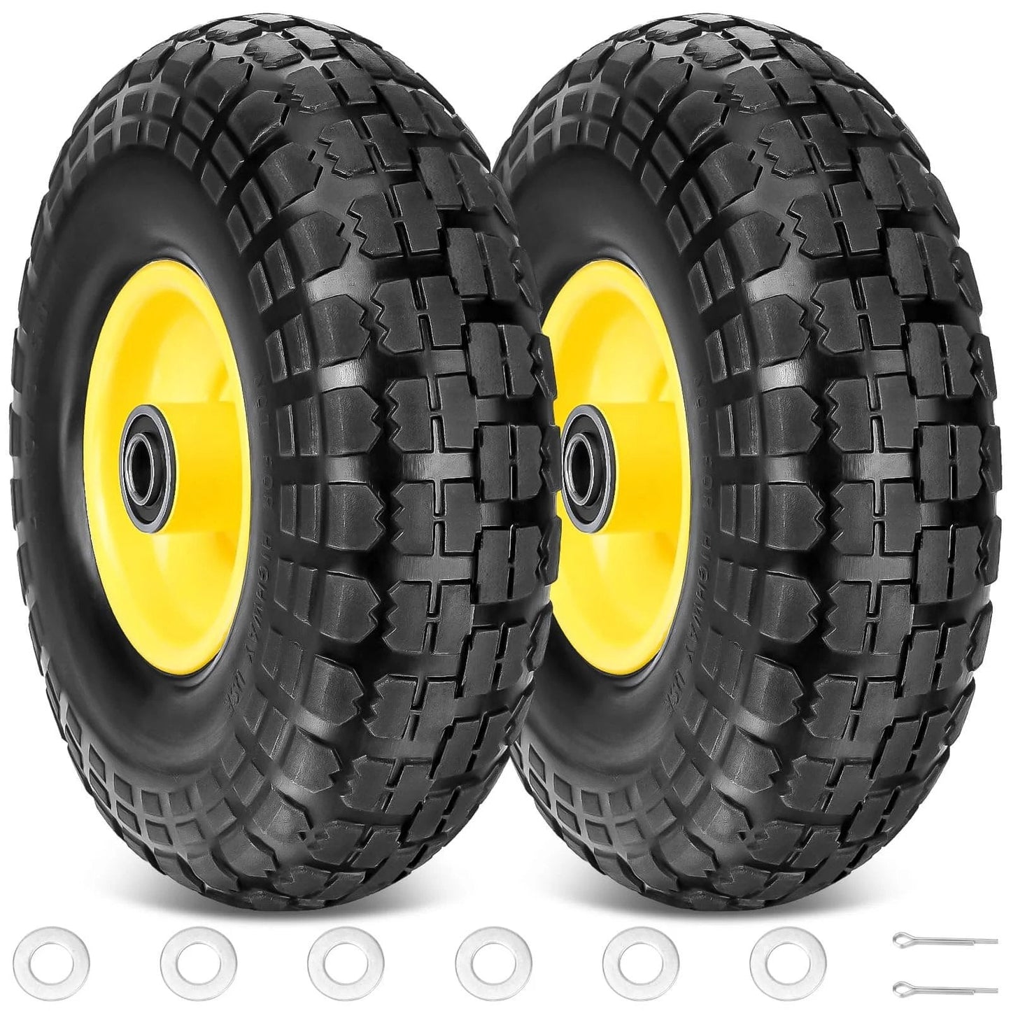 4.00-6 tire and wheel flat free, 2 pack 13" solid tires with 5/8" axle bore hole and double sealed bearings for wheelbarrow, yellow