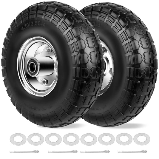 4.10/3.50-4 Flat Free 10 Inch Solid Tires and Wheels Replacement, 5/8 Inch Axle Bore, Includes 8 Spacers and 4 Pins, Heavy Duty Ball Bearing PU Tires for Cart, Garden Wagon, Wheelbarrow, Hand Truck, Trolley, Lawn Mower, 2 Pack