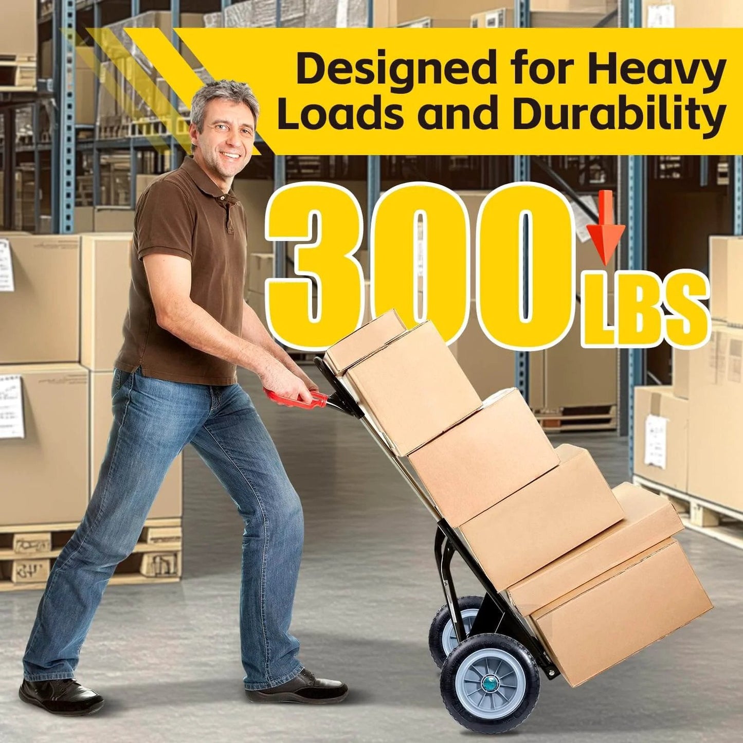 Man using hand truck with stacked boxes in warehouse, featuring 12 Inch Solid Flat Free PU Tire and Wheel, 5/8 Inch Axle Bore, 4 Inch Wide