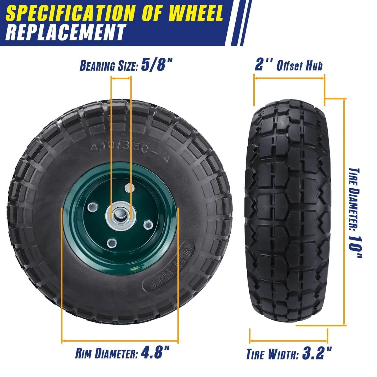 2 pcs 10" flat free tires solid pneumatic tires wheels, 4.10/3.50-4 air less tires with 5/8 center bearings, side view dimensions