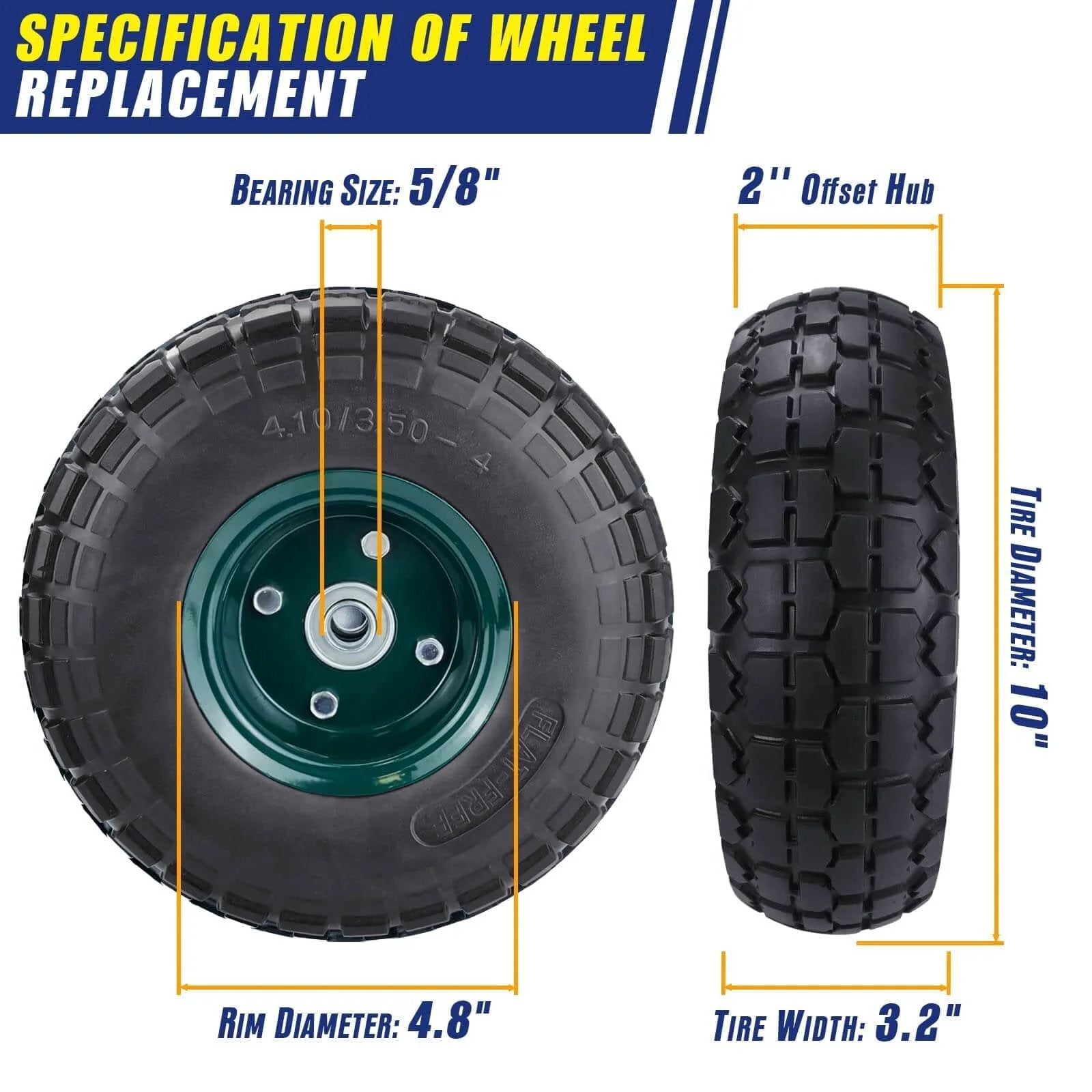 2 pcs 10" flat free tires solid pneumatic tires wheels, 4.10/3.50-4 air less tires with 5/8 center bearings, side view dimensions