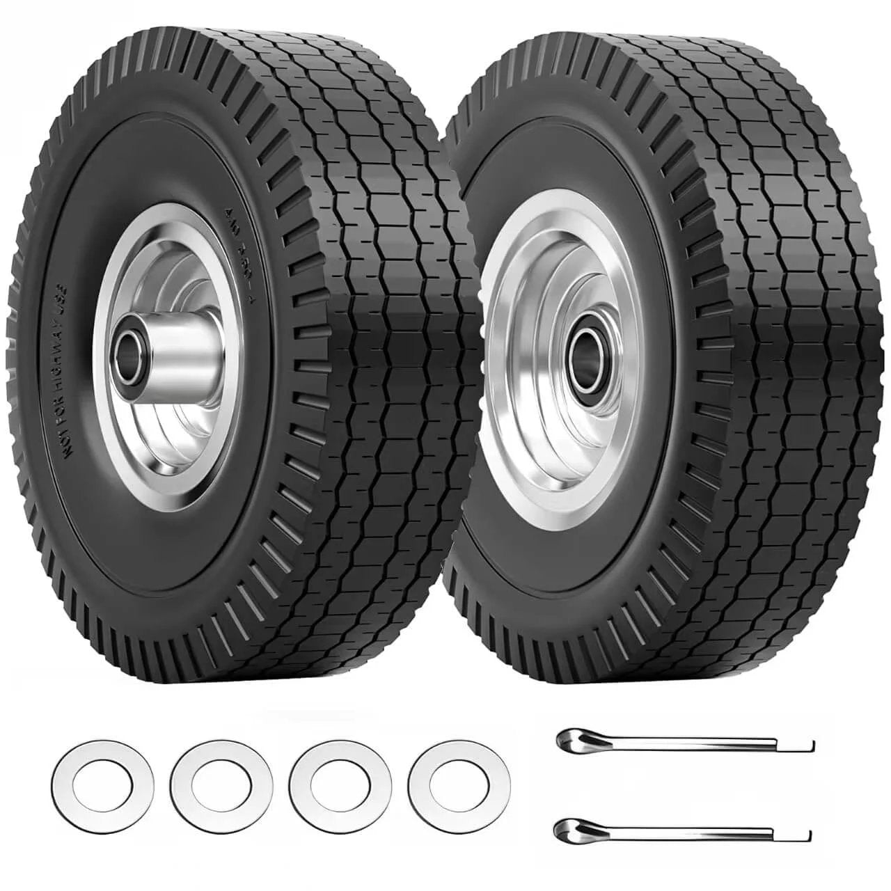 4.10/3.50-4 tire & wheel flat free, 2 pcs heavy duty solid PU non-inflated tires with double sealed bearings, 5/8 in axle bore hole, shown with washers and tools.