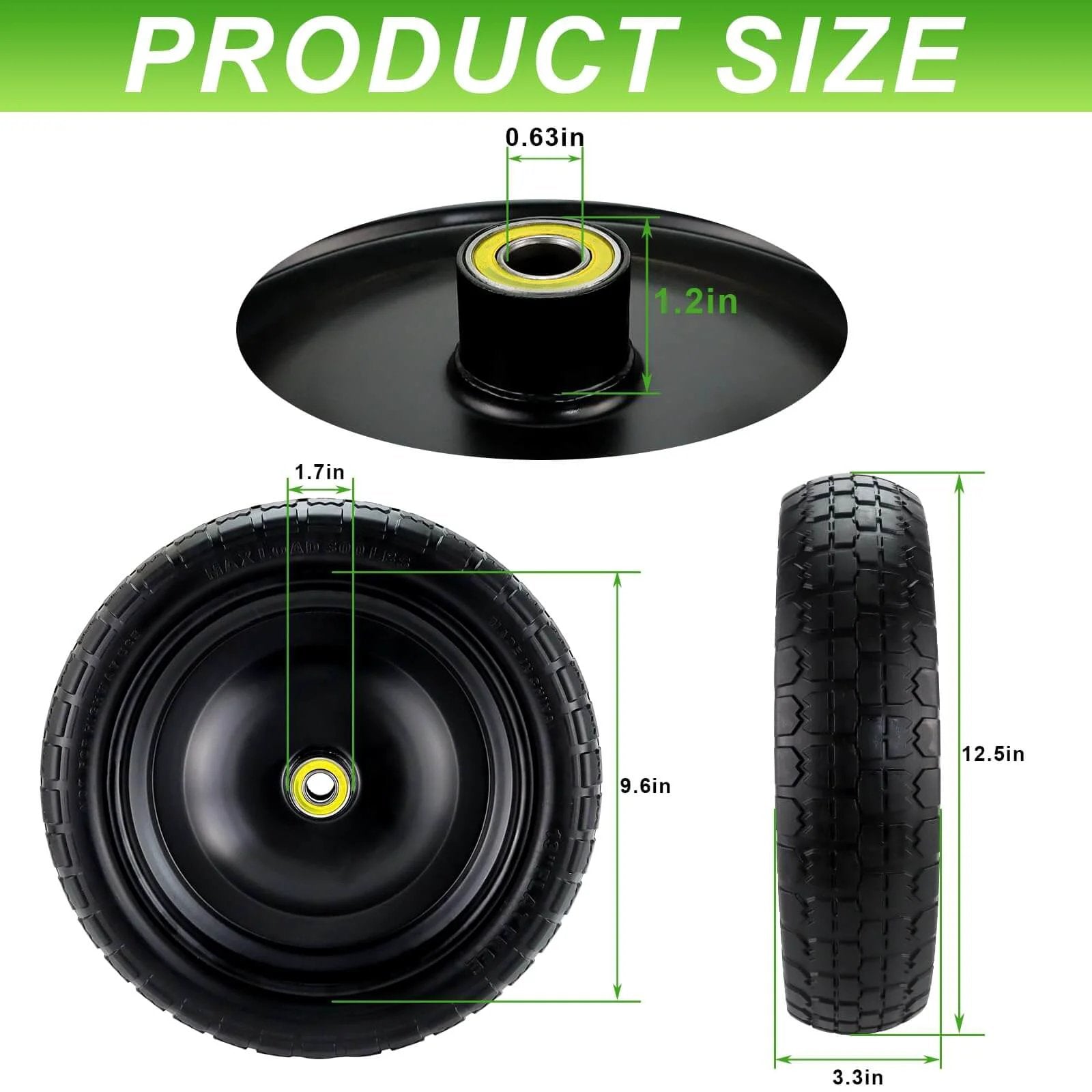 Product size dimensions for 13" flat-free tire and wheel for 13"garden cart tire replacement with 5/8" axle borehole, 2.1" offset hub