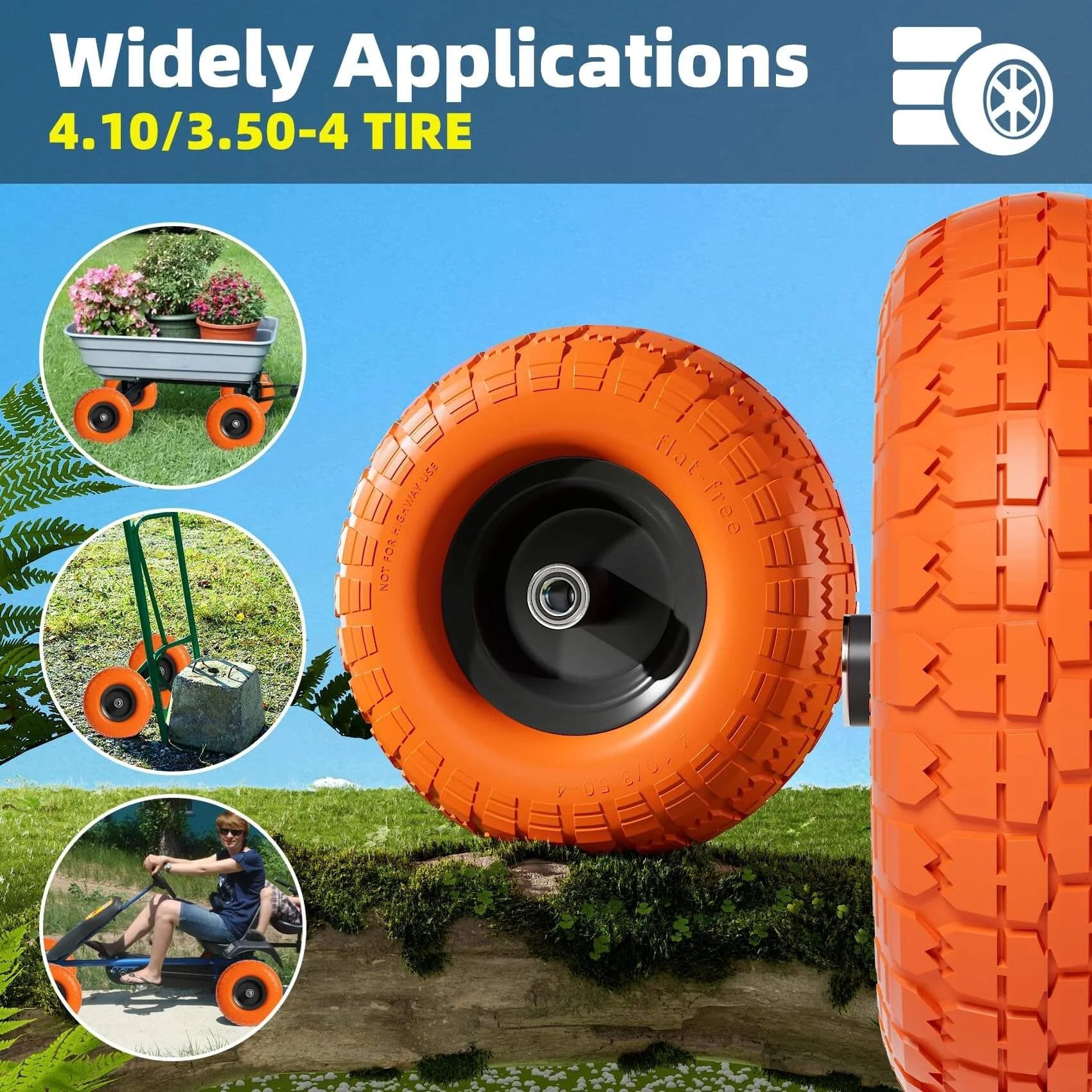 4.10 3.50-4 Flat Free Tire and Wheel Set of 4 with 10 inch solid urethane construction iron hub for various applications.