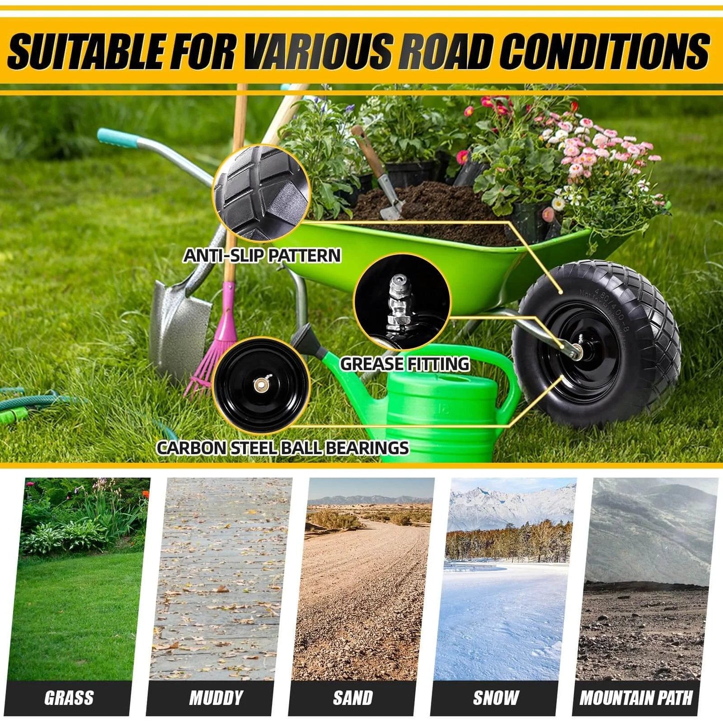 Garden cart with Flat Free Tire and Wheel 4.80/4.00-8 16 Inch Solid 2 Pack with anti-slip pattern and grease fitting, suitable surfaces shown.