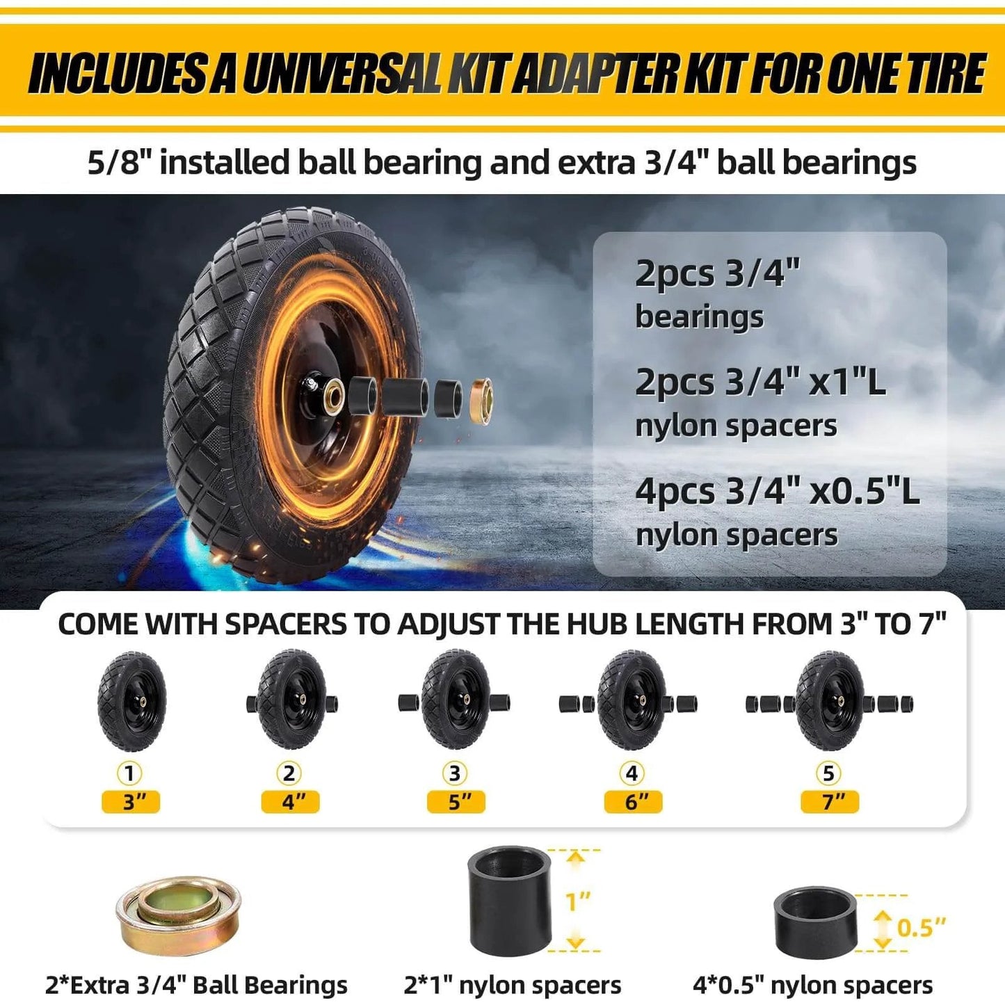 5/8" ball bearing and extra 3/4" bearings for 4.80/4.00-8 flat free tire and wheel 15 solid wheelbarrow tires with adapters