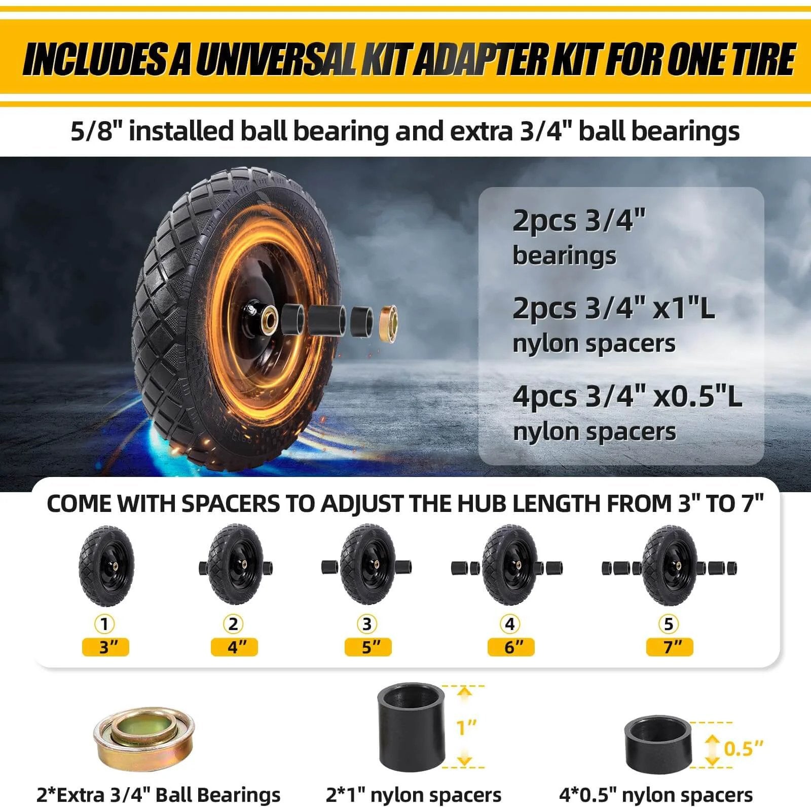 5/8" ball bearing and extra 3/4" bearings for 4.80/4.00-8 flat free tire and wheel 15 solid wheelbarrow tires with adapters