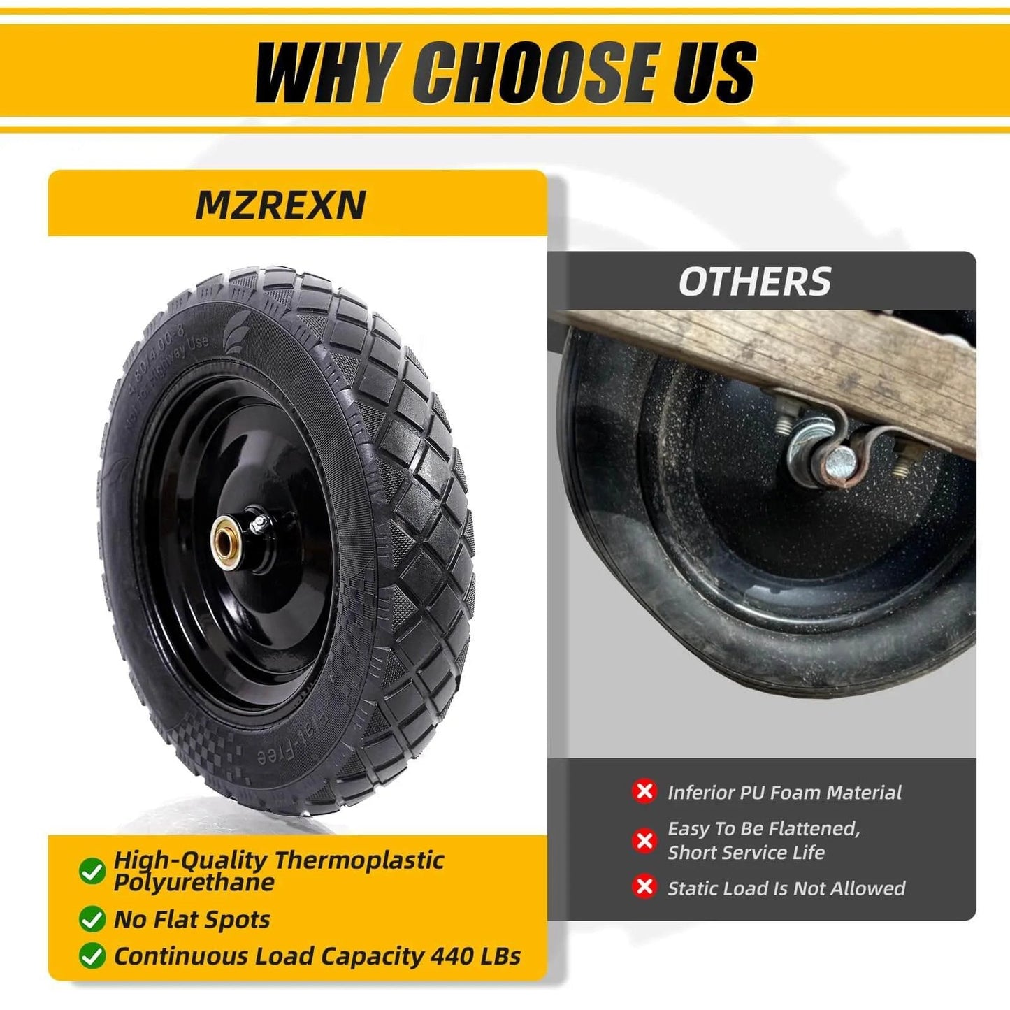 ✝️ 4.80/4.00-8" flat free tire and wheel 15" solid wheelbarrow tires, product comparison showing superior quality and durability