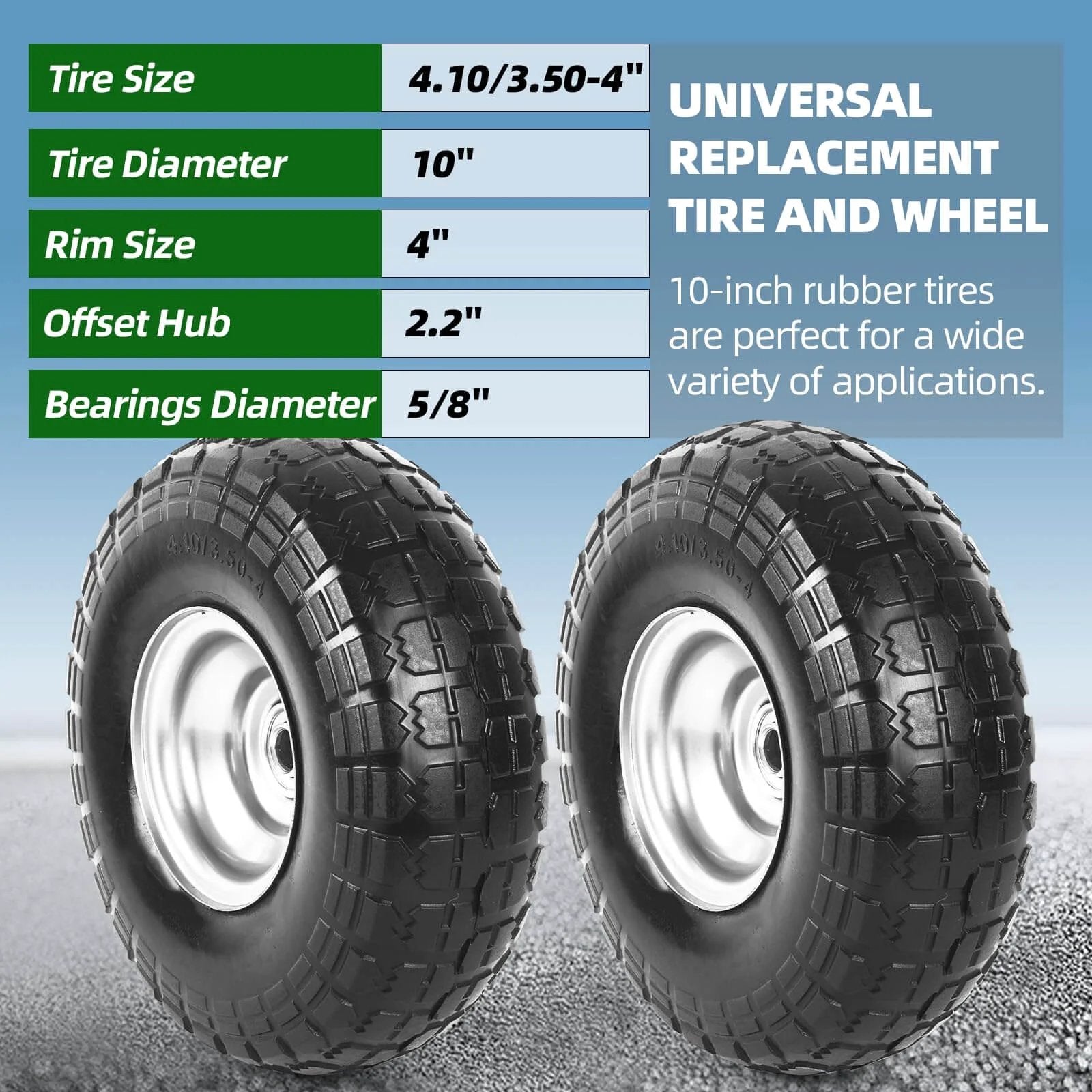 ✝️ (2 pack) 4.10/3.50-4 flat free tire and wheel, 10" solid rubber tires with 5/8" bearings and 2.2" offset hub for wheelbarrow