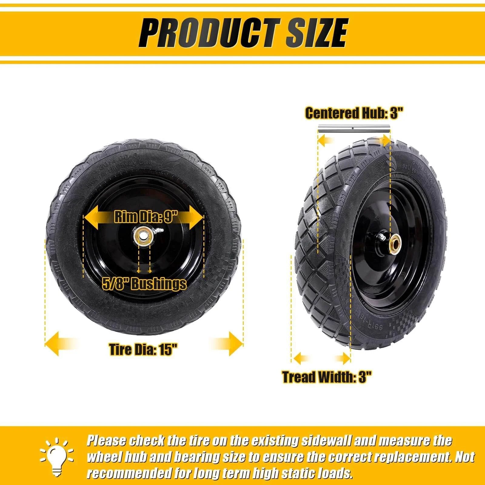 Front and side view of 4.80/4.00-8 flat free tire and wheel with size details, centered hub 3'', 5/8'' bushings, for utility cart.