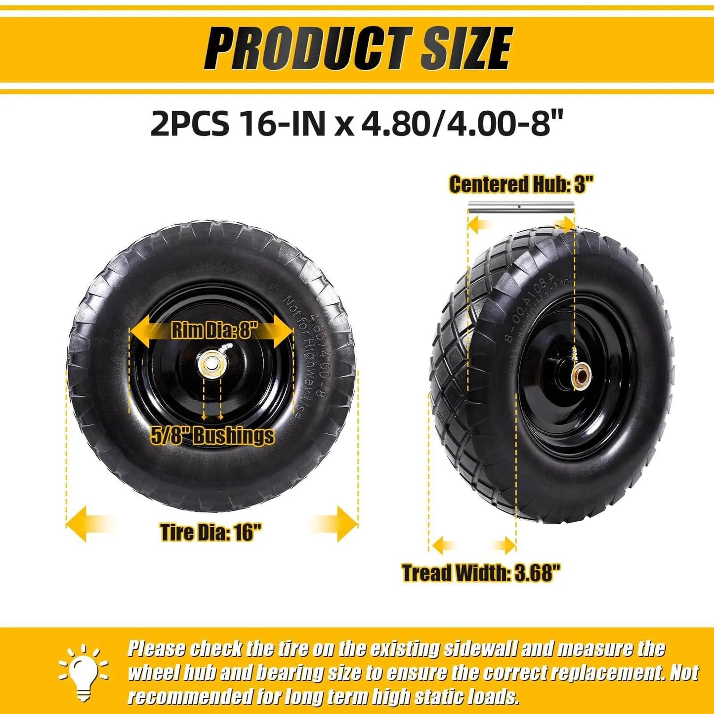 Product size display of ✝️ Flat Free Tire and Wheel 4.80/4.00-8 16 Inch Solid 2 Pack with 5/8 and 3/4 Bearings with dimensions labeled.