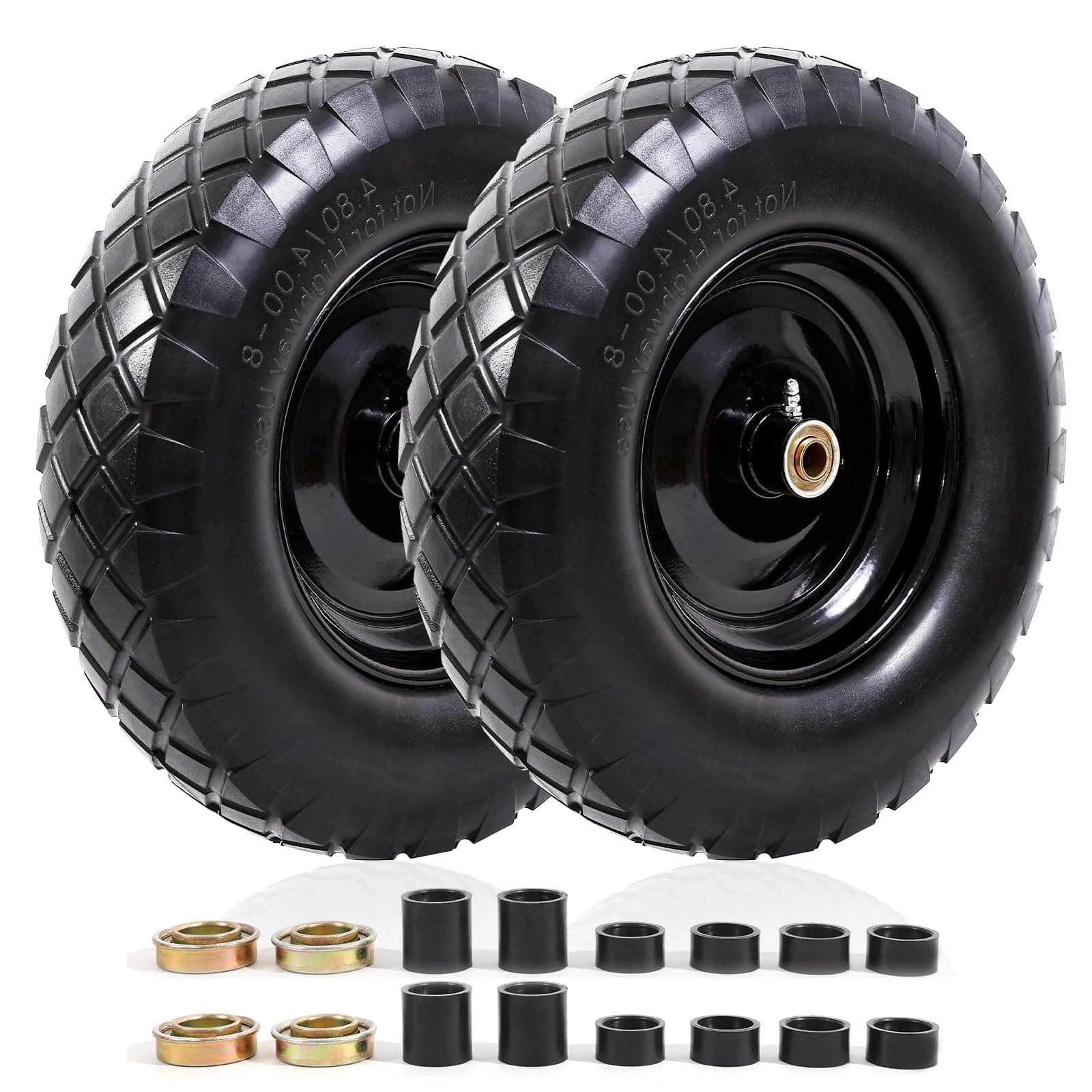 Two ✝️ Flat Free Tire and Wheel 4.80/4.00-8 16 Inch Solid 2 Pack with 5/8 and 3/4 Bearings on black steel rims.