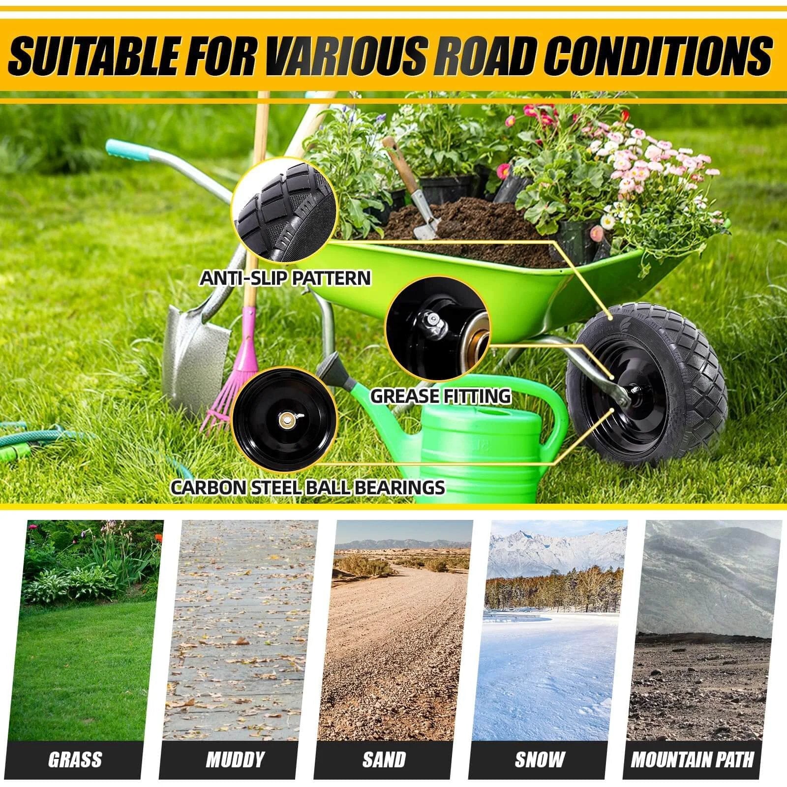4.80/4.00-8 flat free tire and wheel on garden cart in grassy area, suitable for various road conditions with anti-slip pattern