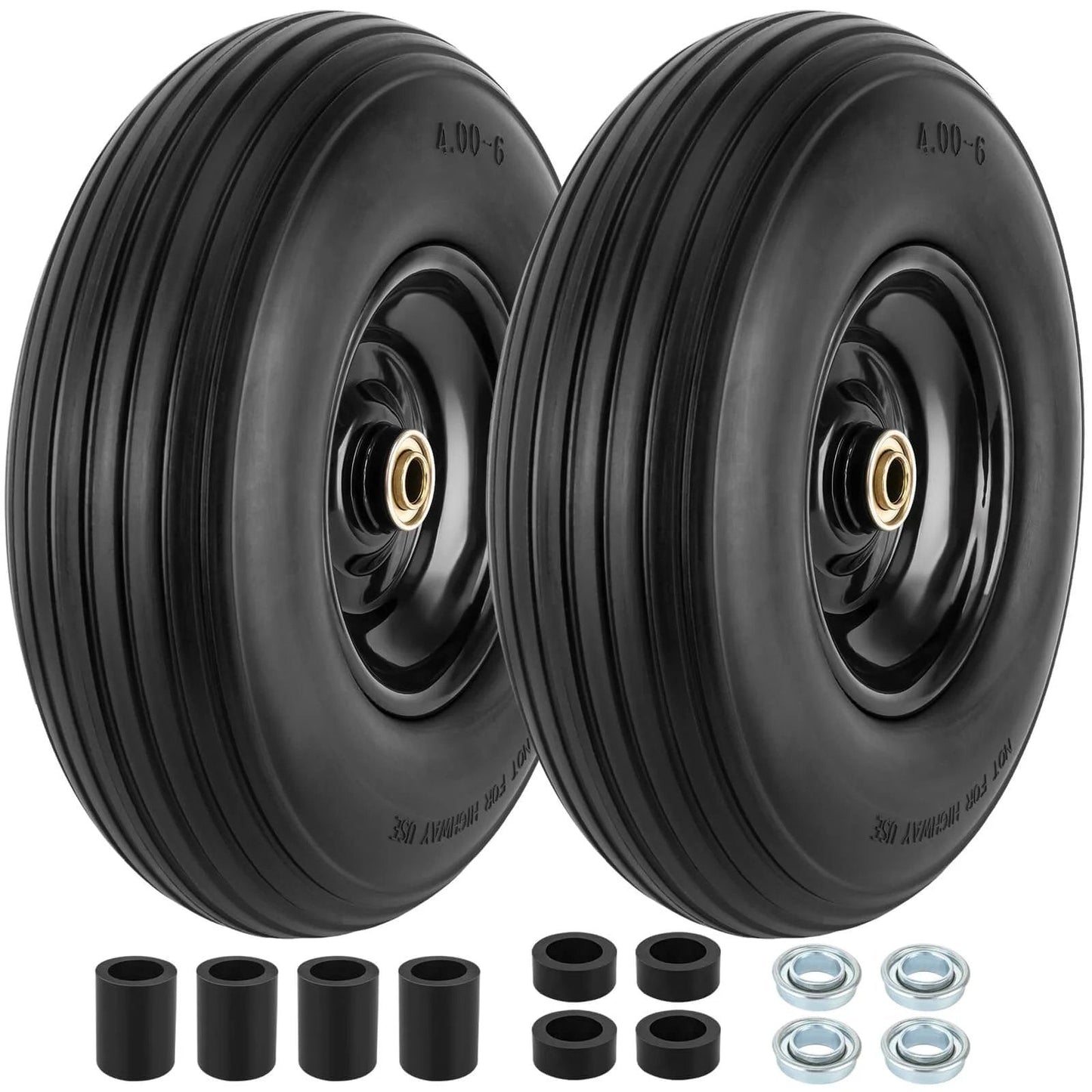 4.00-6 Flat Free Tire and Wheel Set of 2 with 13 inch solid polyurethane tires with bearings for carts and hand trucks.