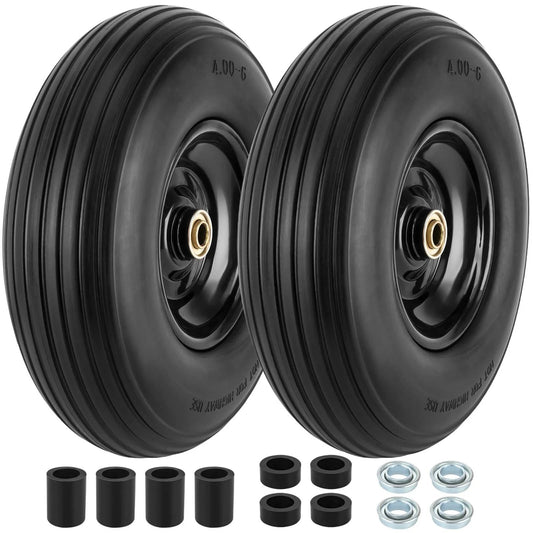 4.00-6 Flat Free Tire and Wheel Set of 2 with 13 inch solid polyurethane tires with bearings for carts and hand trucks.