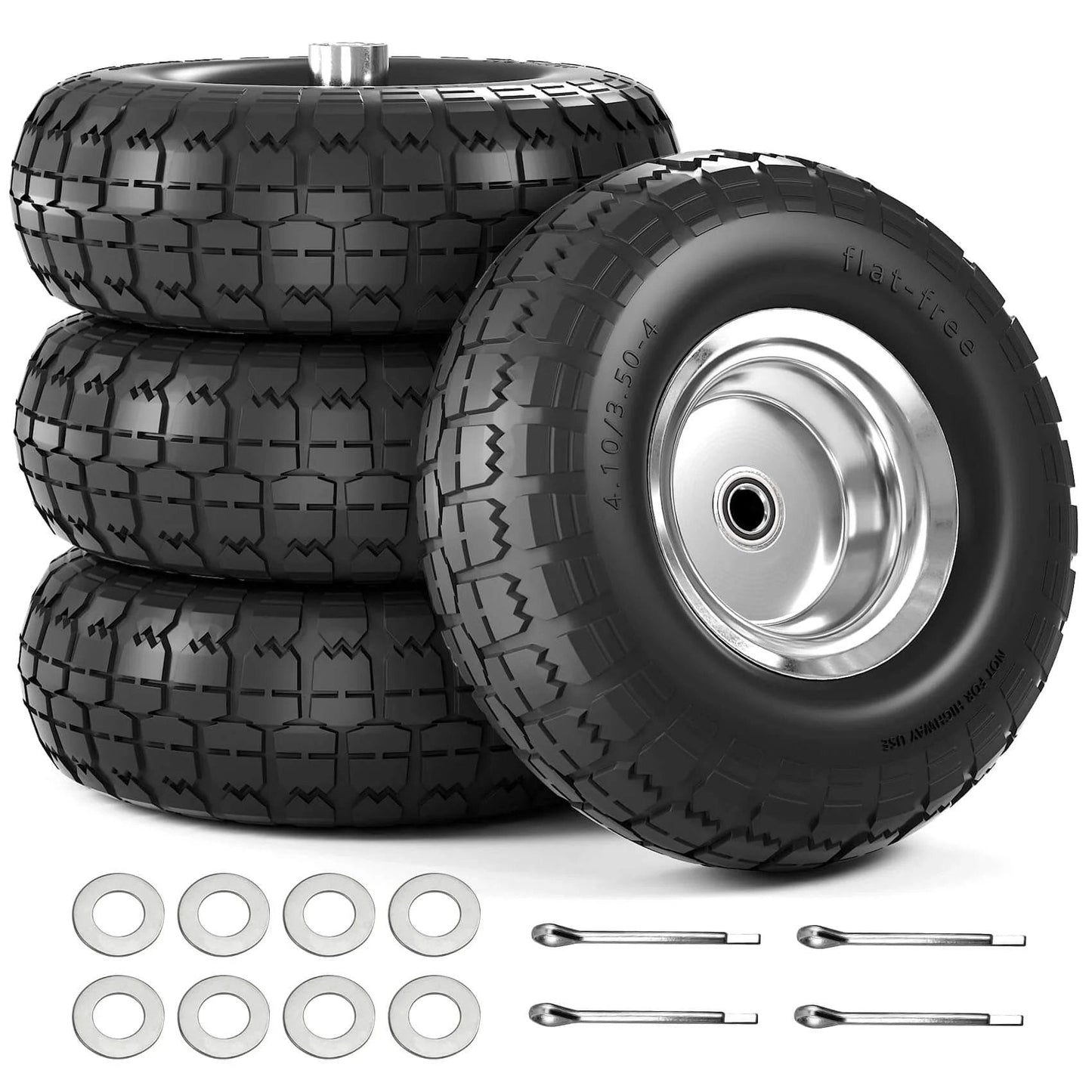 4.10/3.50-4 Flat Free Tire and Wheel Set of 4 with 10 inch solid rubber construction and iron hub, showcasing durable tread.